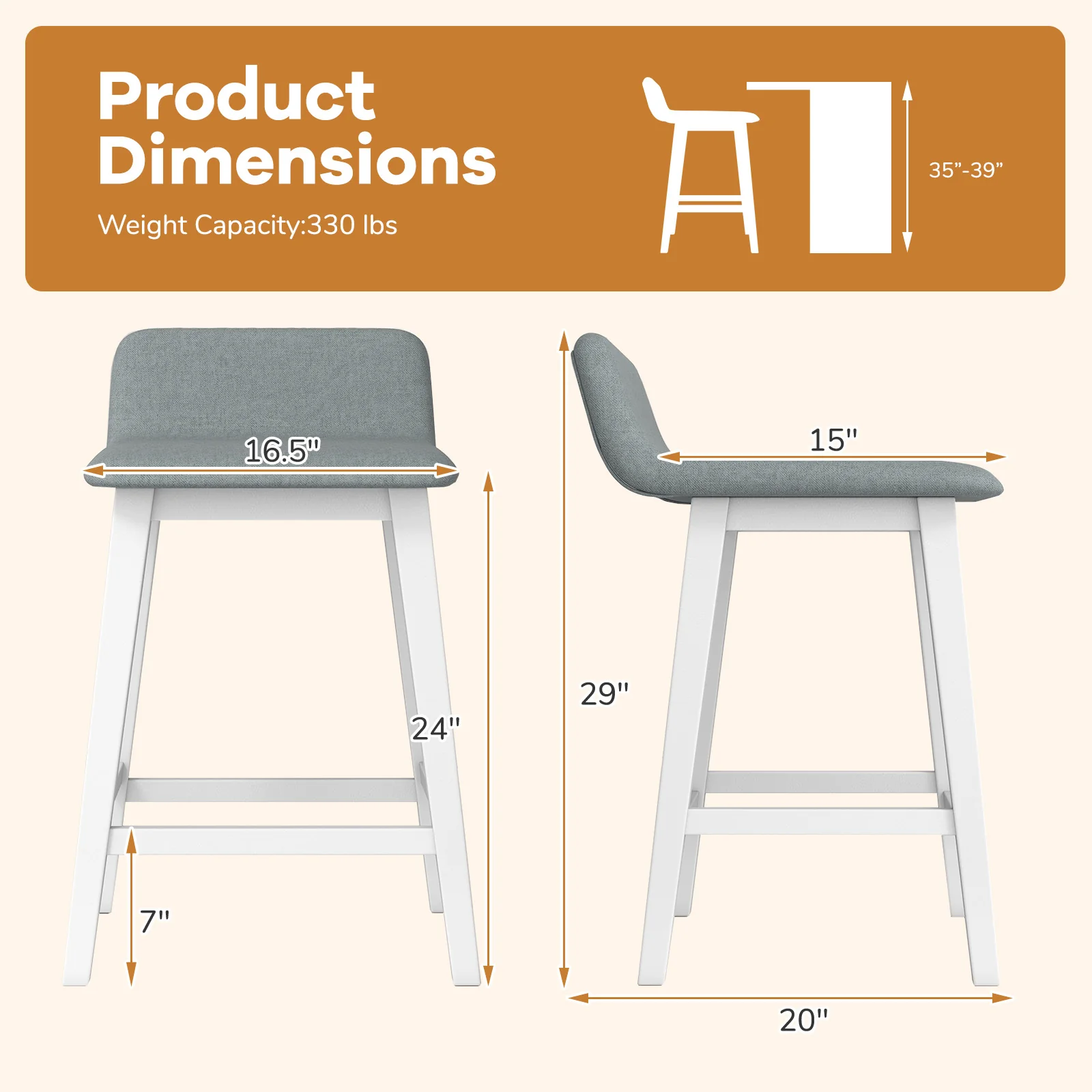 24 Inch Counter Height Bar Stools, Set of 2, Low Back, White - Image 5