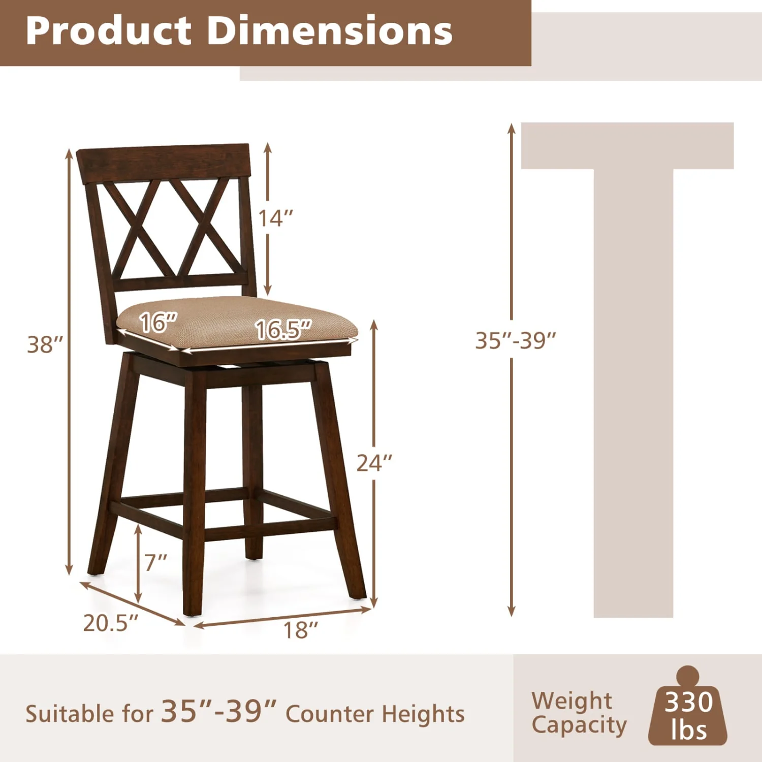 24 Inch Counter Height Barstools Set of 2 with Backrest and Seat Cushion-24 Inch - Image 5