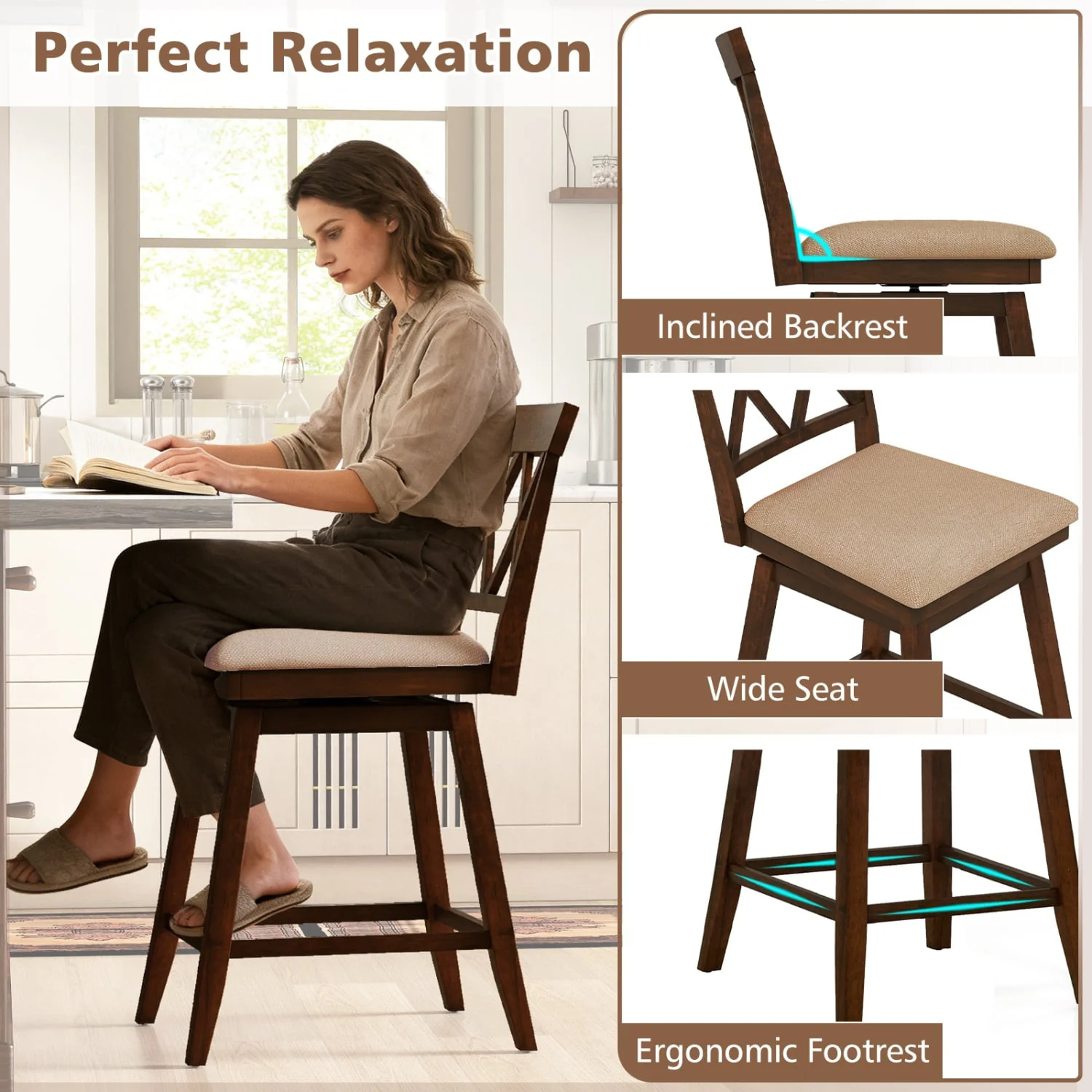 24 Inch Counter Height Barstools Set of 2 with Backrest and Seat Cushion-24 Inch - Image 8