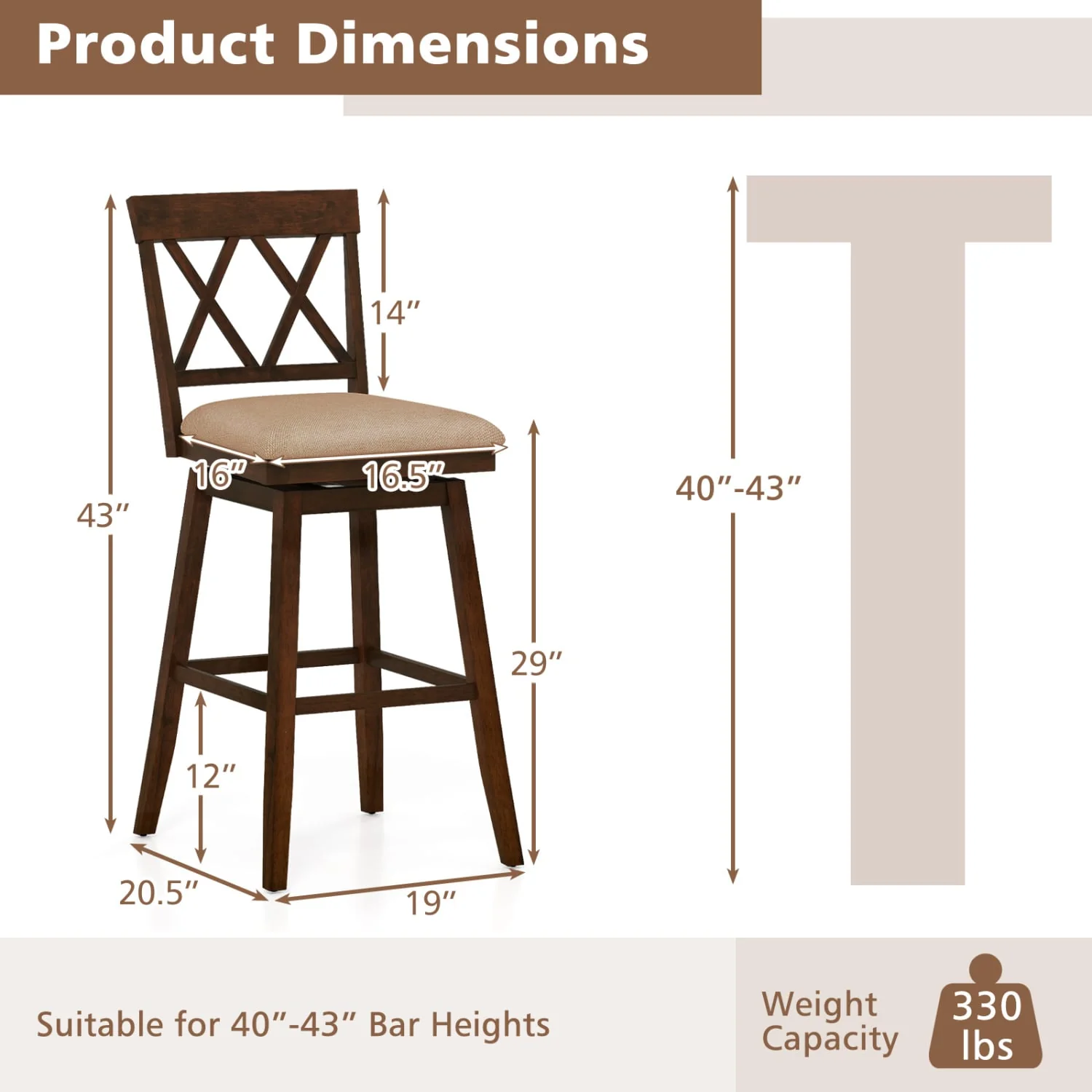 24 Inch Counter Height Barstools Set of 2 with Backrest and Seat Cushion-29 inch - Image 5