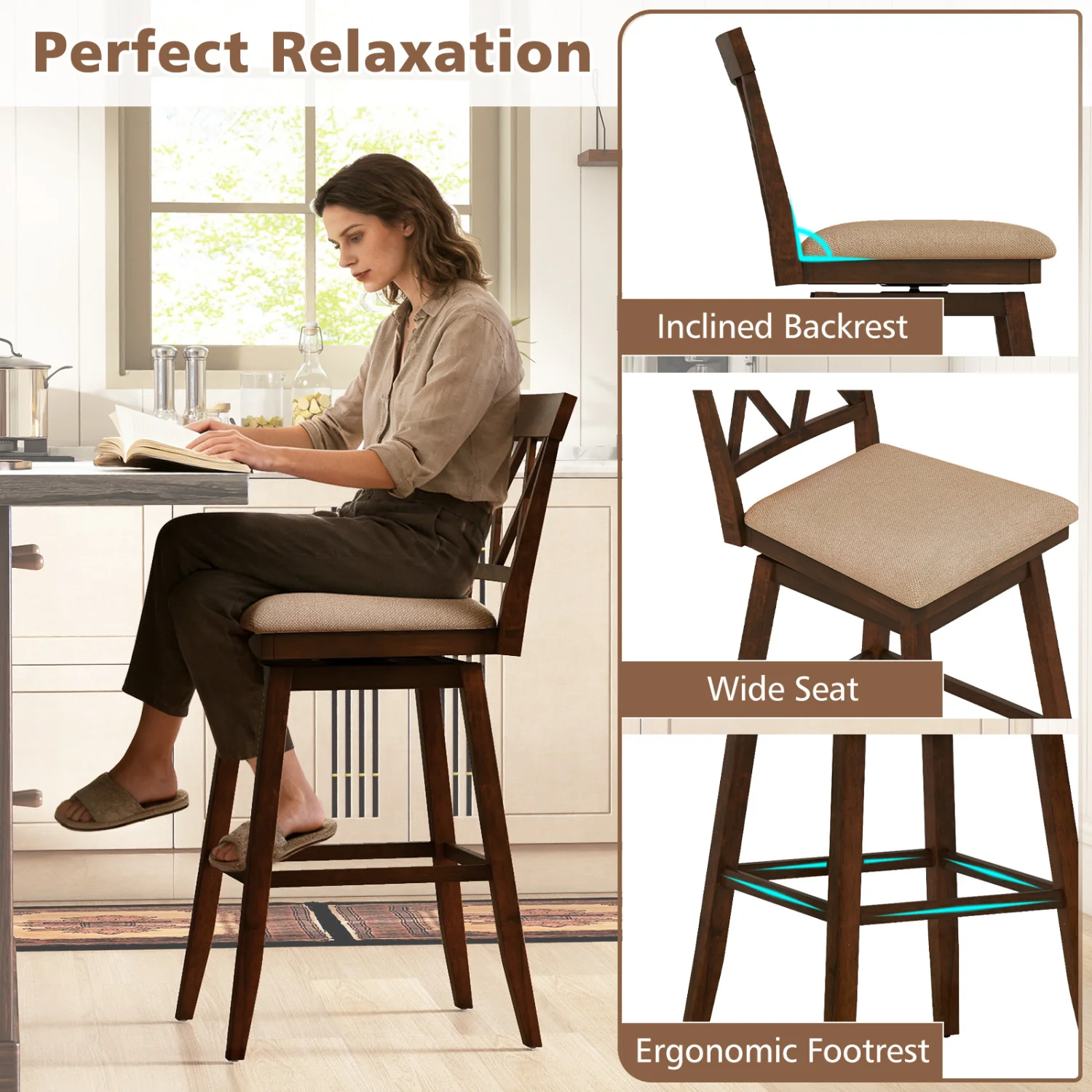 24 Inch Counter Height Barstools Set of 2 with Backrest and Seat Cushion-29 inch - Image 8