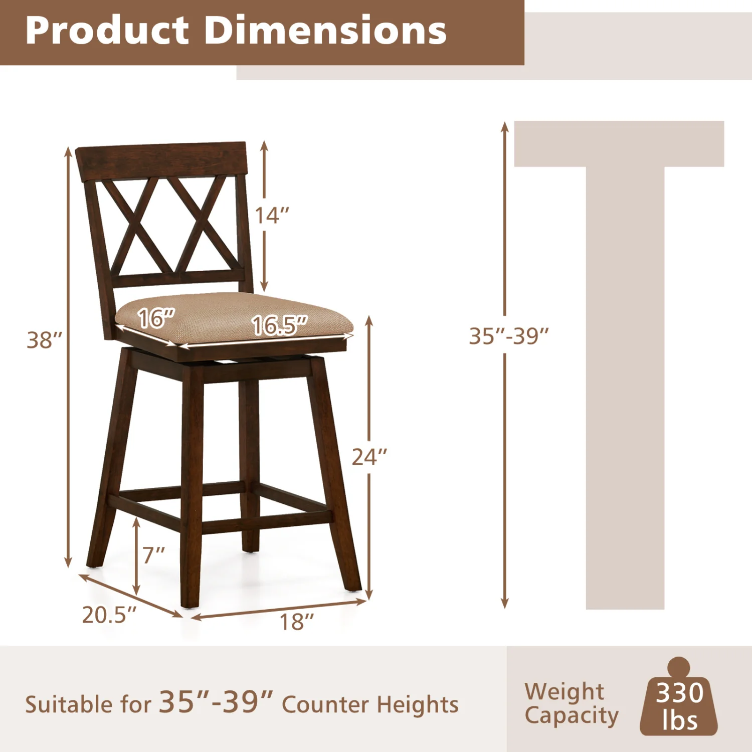 24 Inch Counter Height Barstools Set of 4 with Backrest and Upholstered Seat Cushion-24 Inch - Image 5