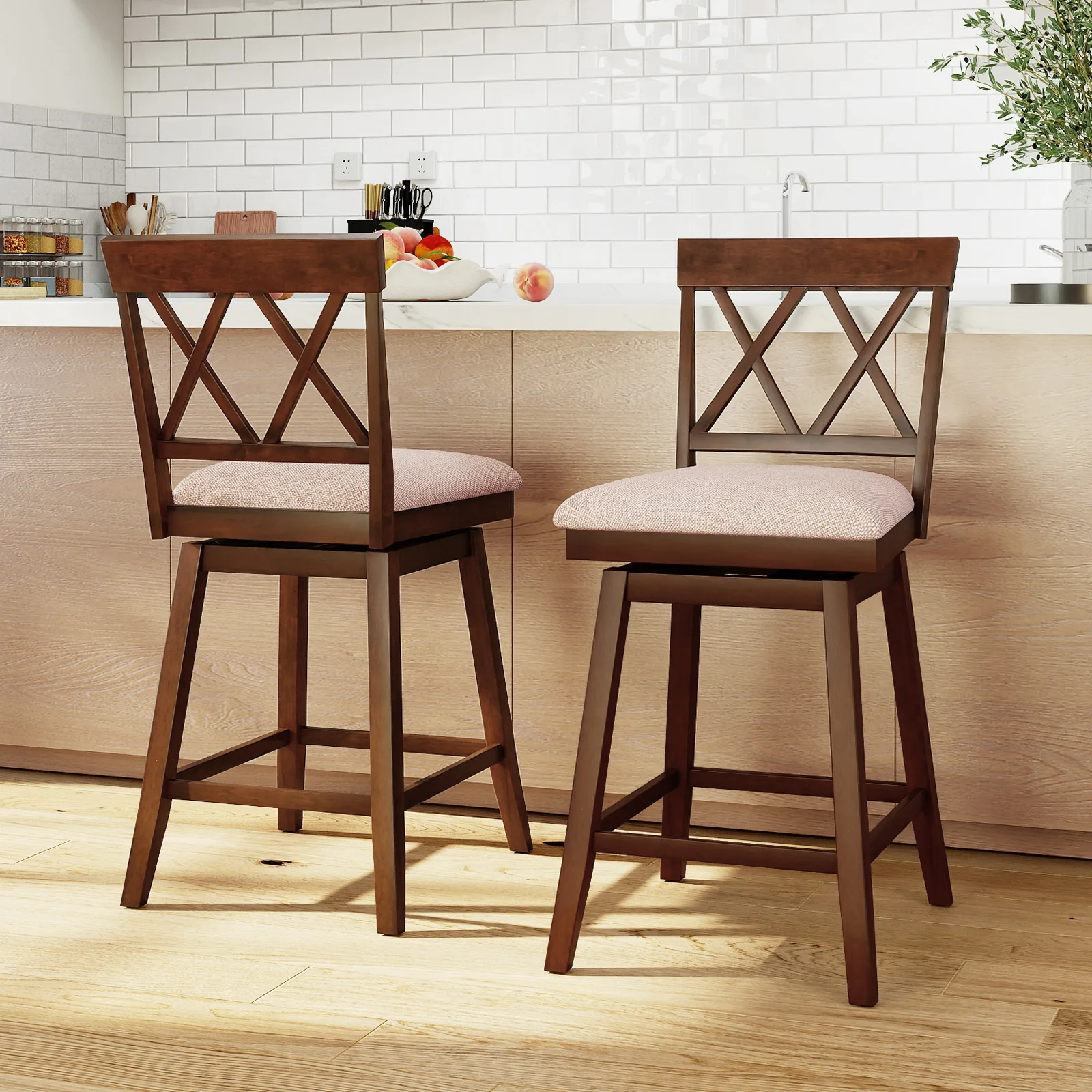 24 Inch Counter Height Barstools with Backrest and Upholstered Seat Cushion for Kitchen Dining Room, Oak - Image 2