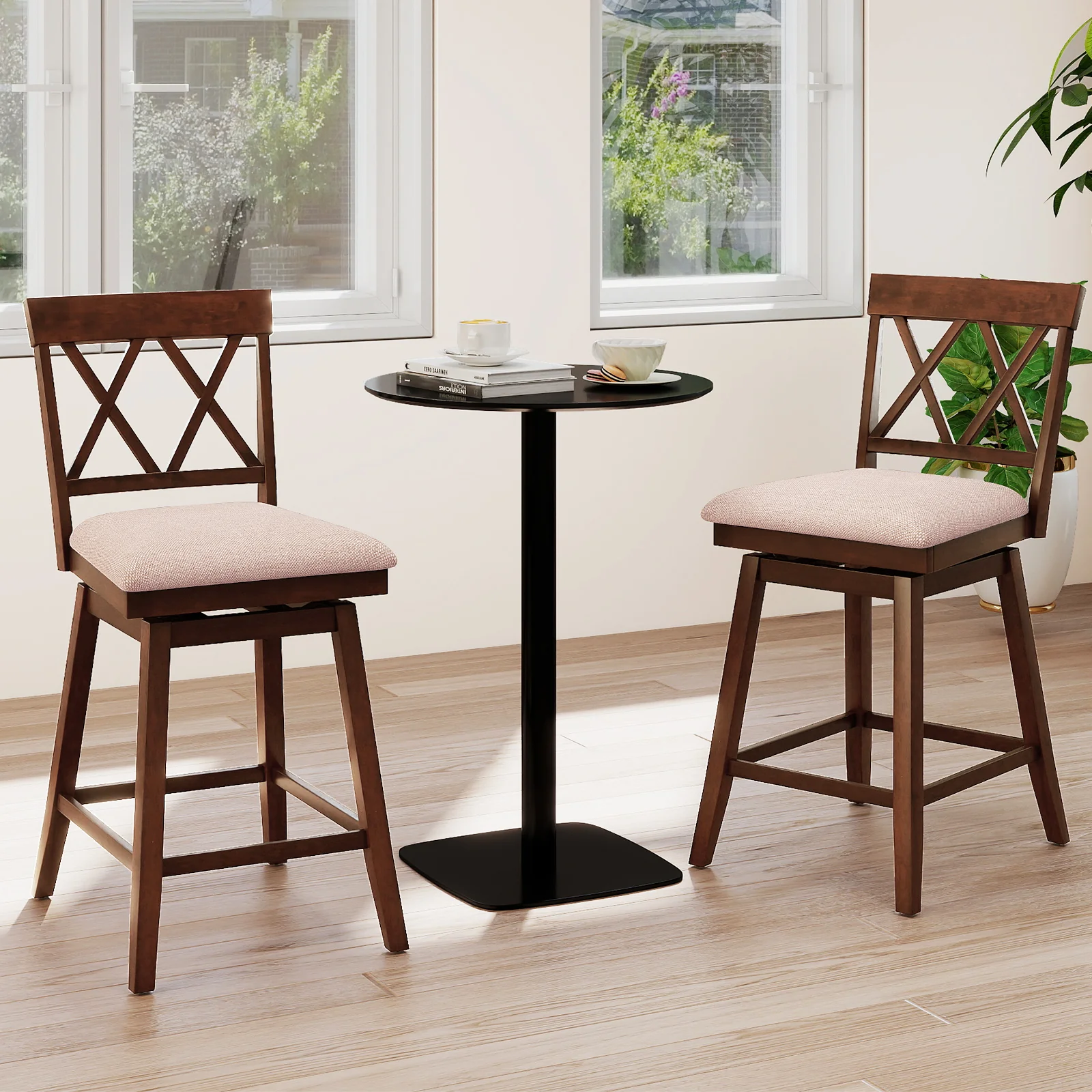 24 Inch Counter Height Barstools with Backrest and Upholstered Seat Cushion for Kitchen Dining Room, Oak - Image 3