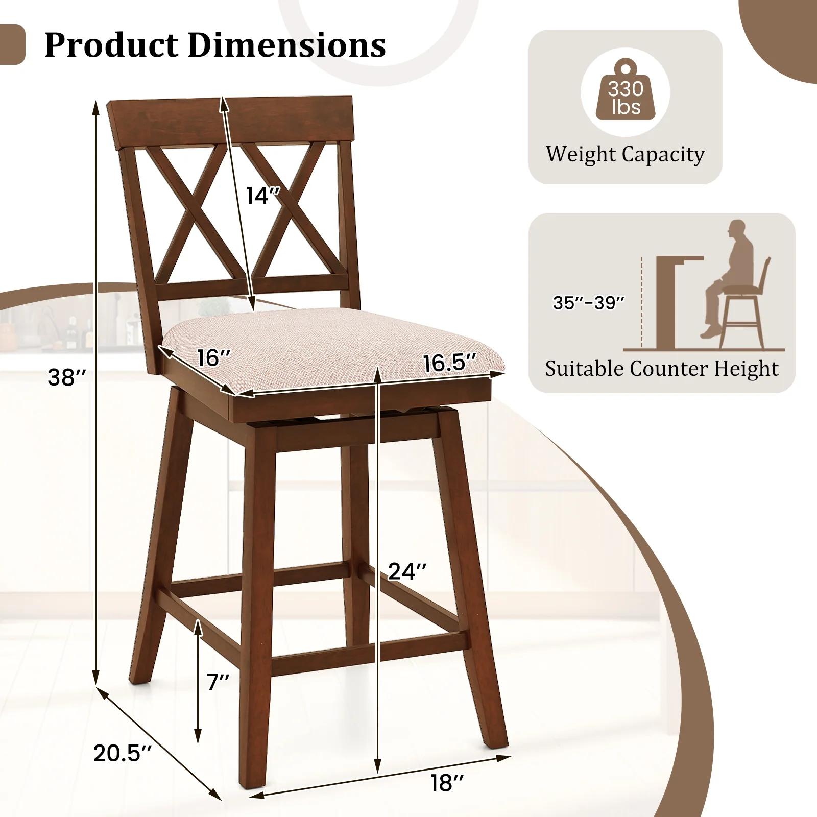 24 Inch Counter Height Barstools with Backrest and Upholstered Seat Cushion for Kitchen Dining Room, Oak - Image 5