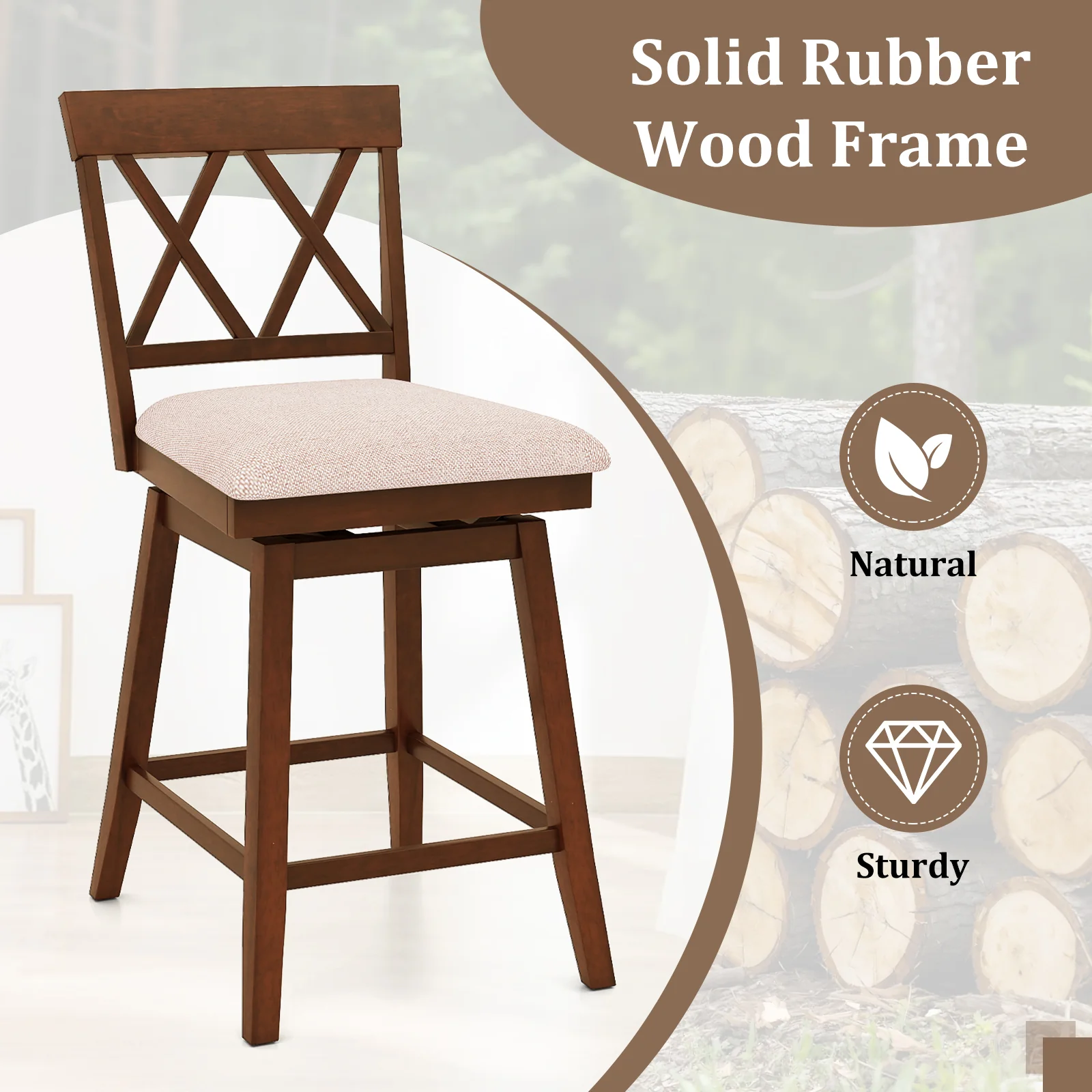 24 Inch Counter Height Barstools with Backrest and Upholstered Seat Cushion for Kitchen Dining Room, Oak - Image 7