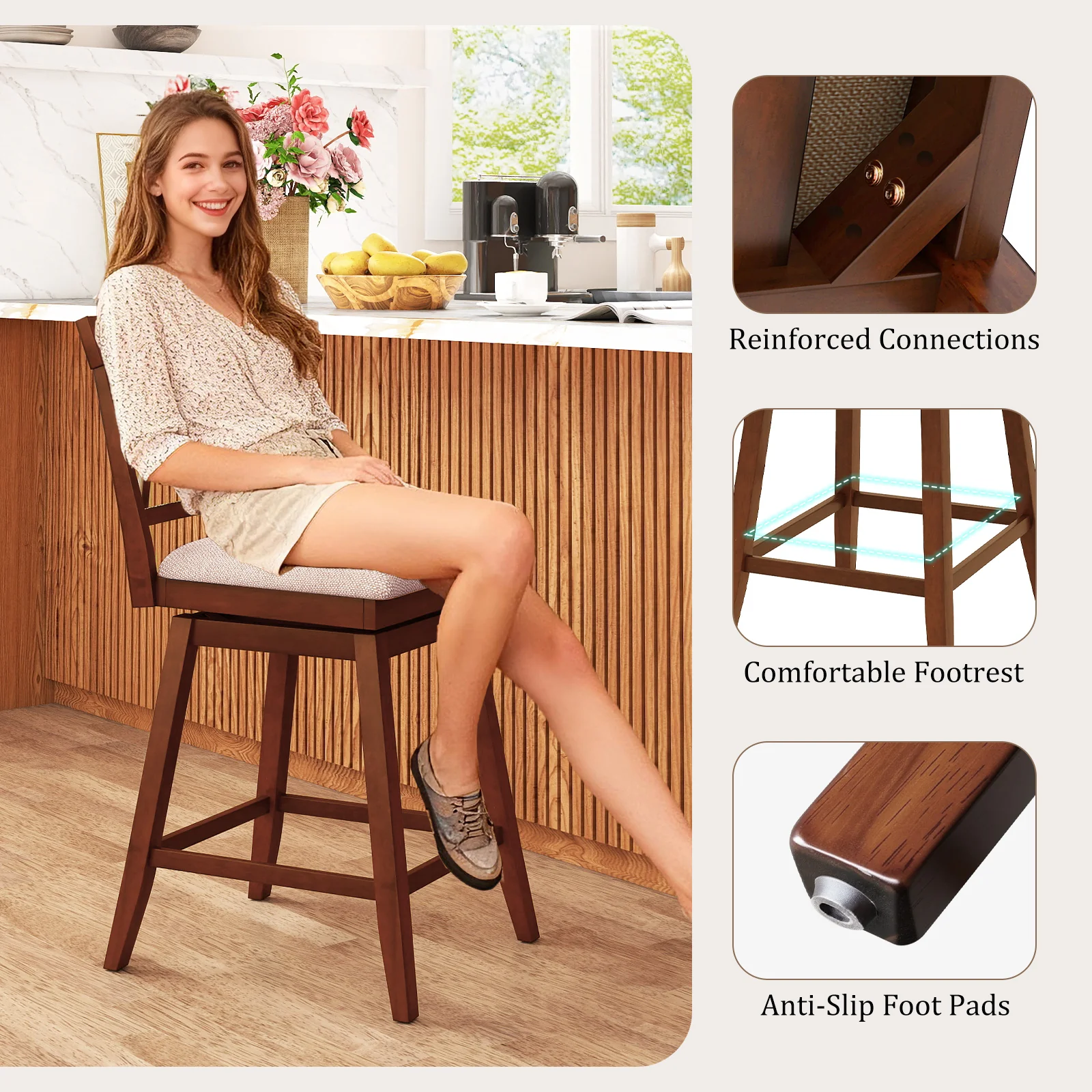 24 Inch Counter Height Barstools with Backrest and Upholstered Seat Cushion for Kitchen Dining Room, Oak - Image 8