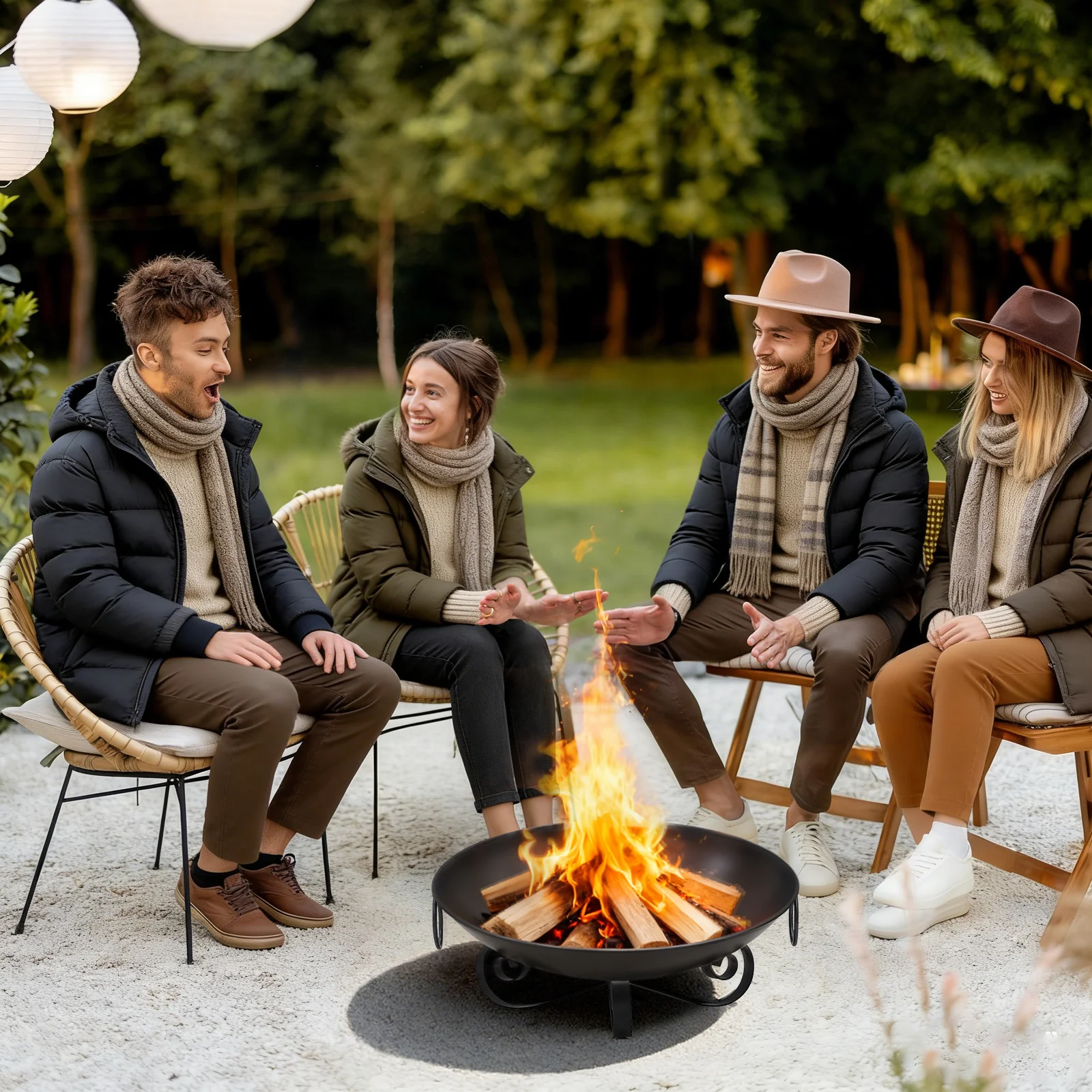 24 Inch Heavy-Duty Metal Fire Pit Bowl Outdoor Wood-Burning Firepit with Handles - Image 2