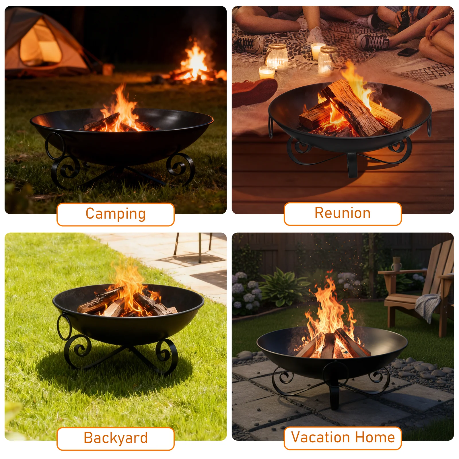 24 Inch Heavy-Duty Metal Fire Pit Bowl Outdoor Wood-Burning Firepit with Handles - Image 8