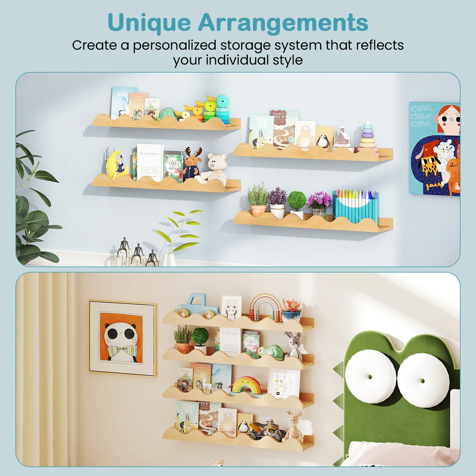 24 Inch Kids Bookshelf, Set of 4, Wall Mounted Picture Ledge Shelf, Natural - Image 10
