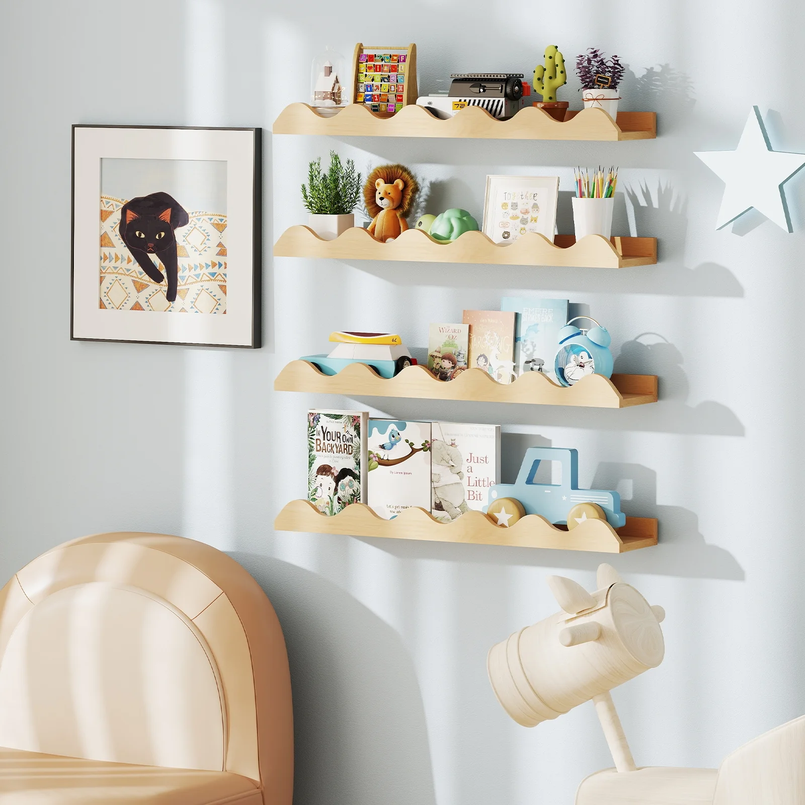 24 Inch Kids Bookshelf, Set of 4, Wall Mounted Picture Ledge Shelf, Natural - Image 2