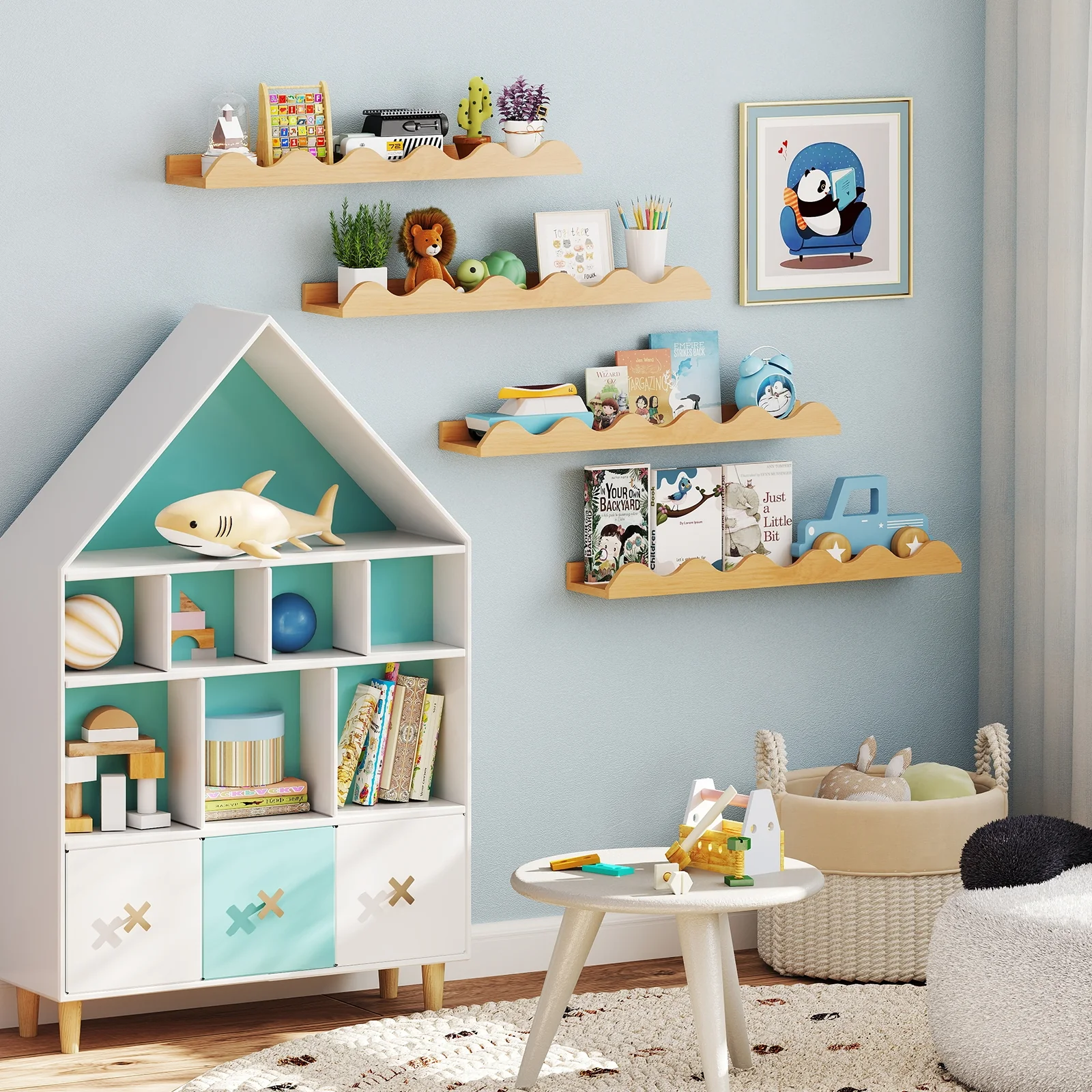 24 Inch Kids Bookshelf, Set of 4, Wall Mounted Picture Ledge Shelf, Natural - Image 3