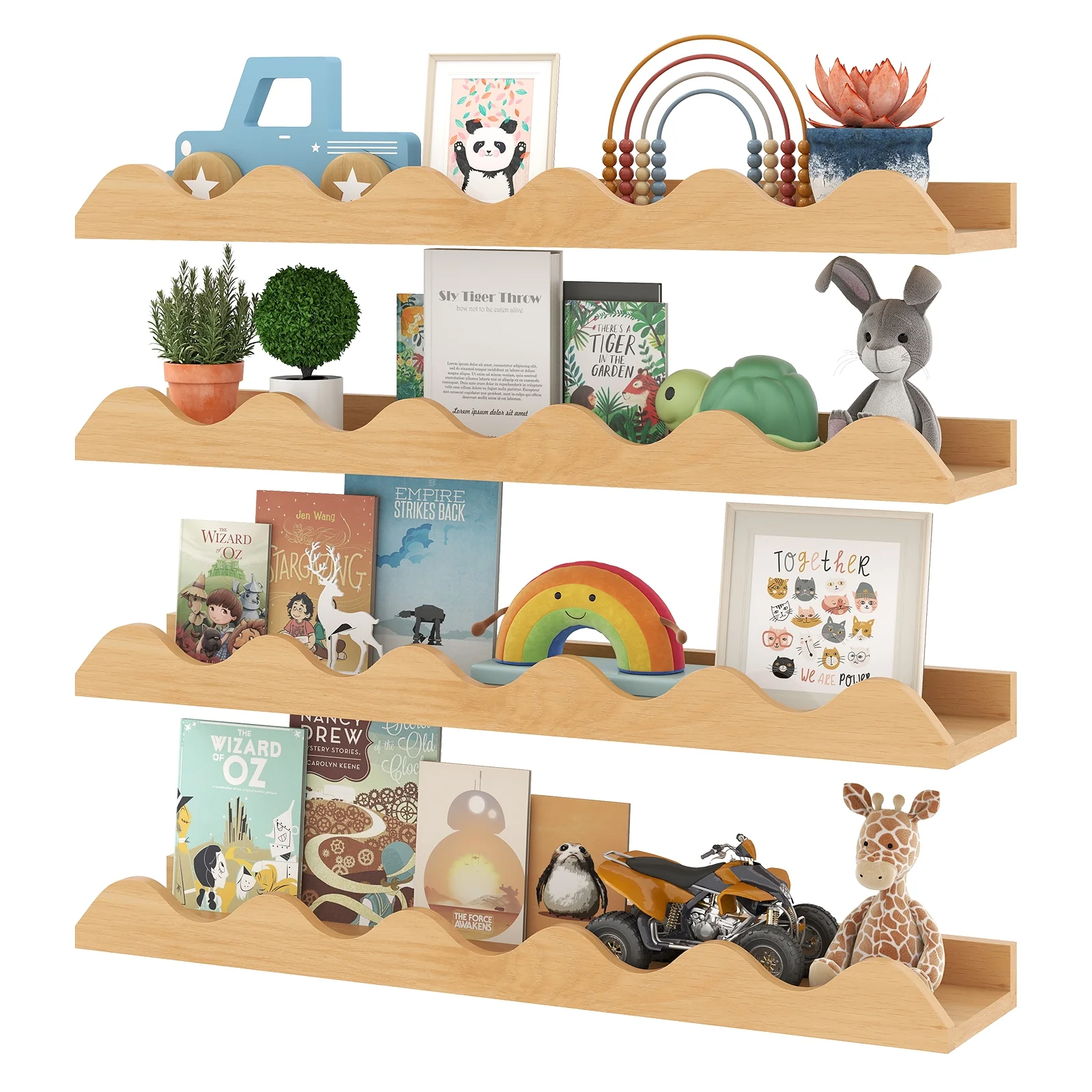 24 Inch Kids Bookshelf, Set of 4, Wall Mounted Picture Ledge Shelf, Natural - Image 5