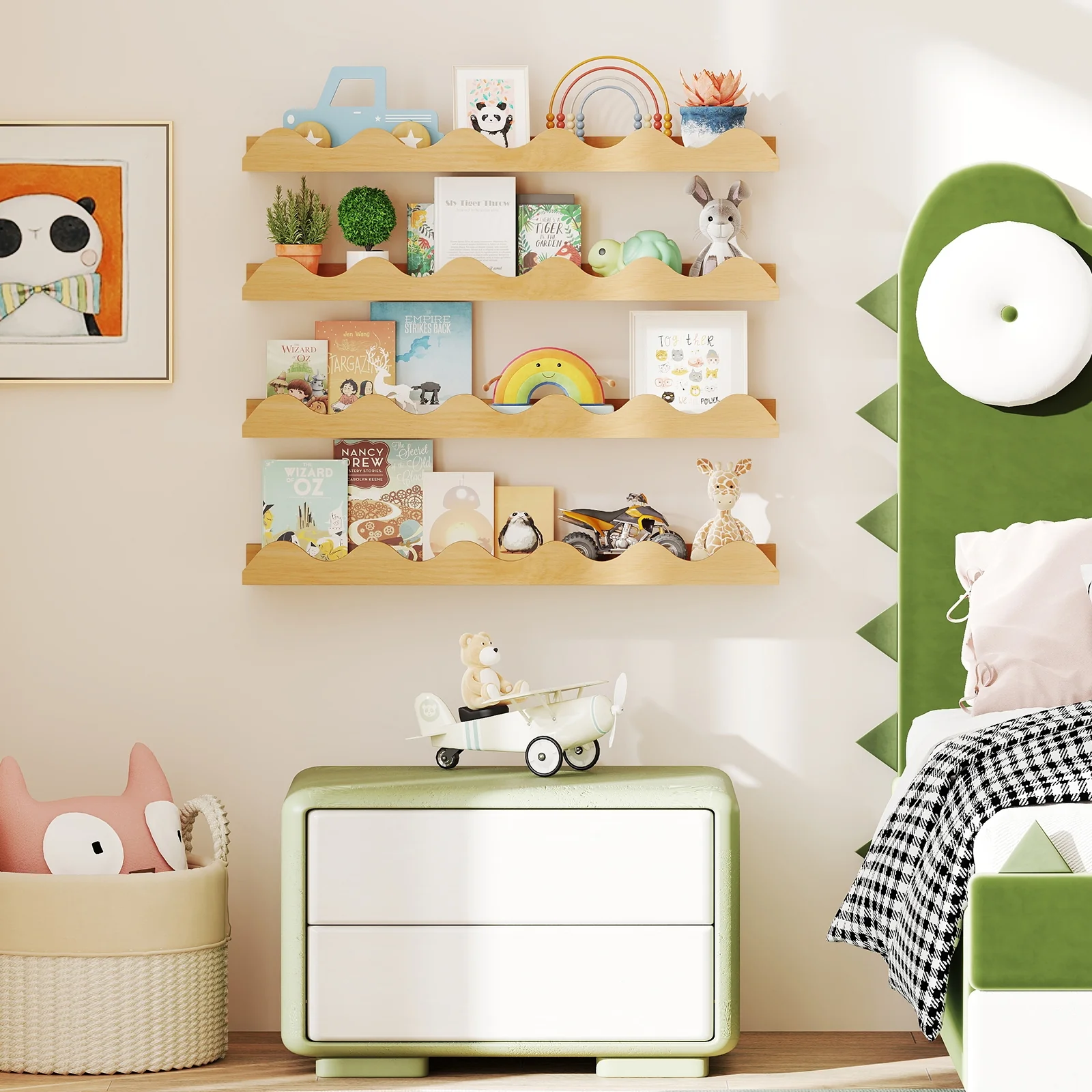 24 Inch Kids Bookshelf, Set of 4, Wall Mounted Picture Ledge Shelf, Natural - Image 7