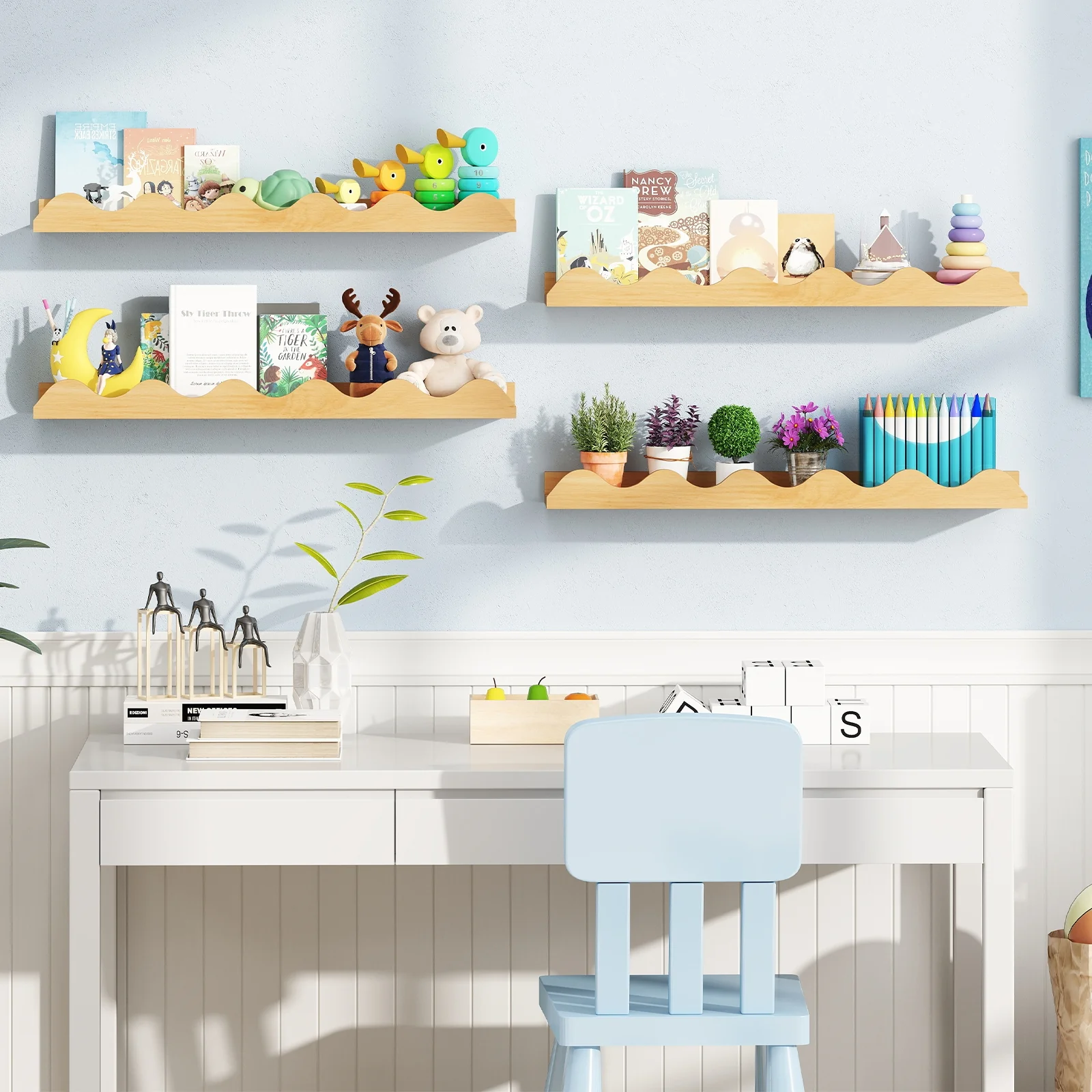 24 Inch Kids Bookshelf, Set of 4, Wall Mounted Picture Ledge Shelf, Natural - Image 8
