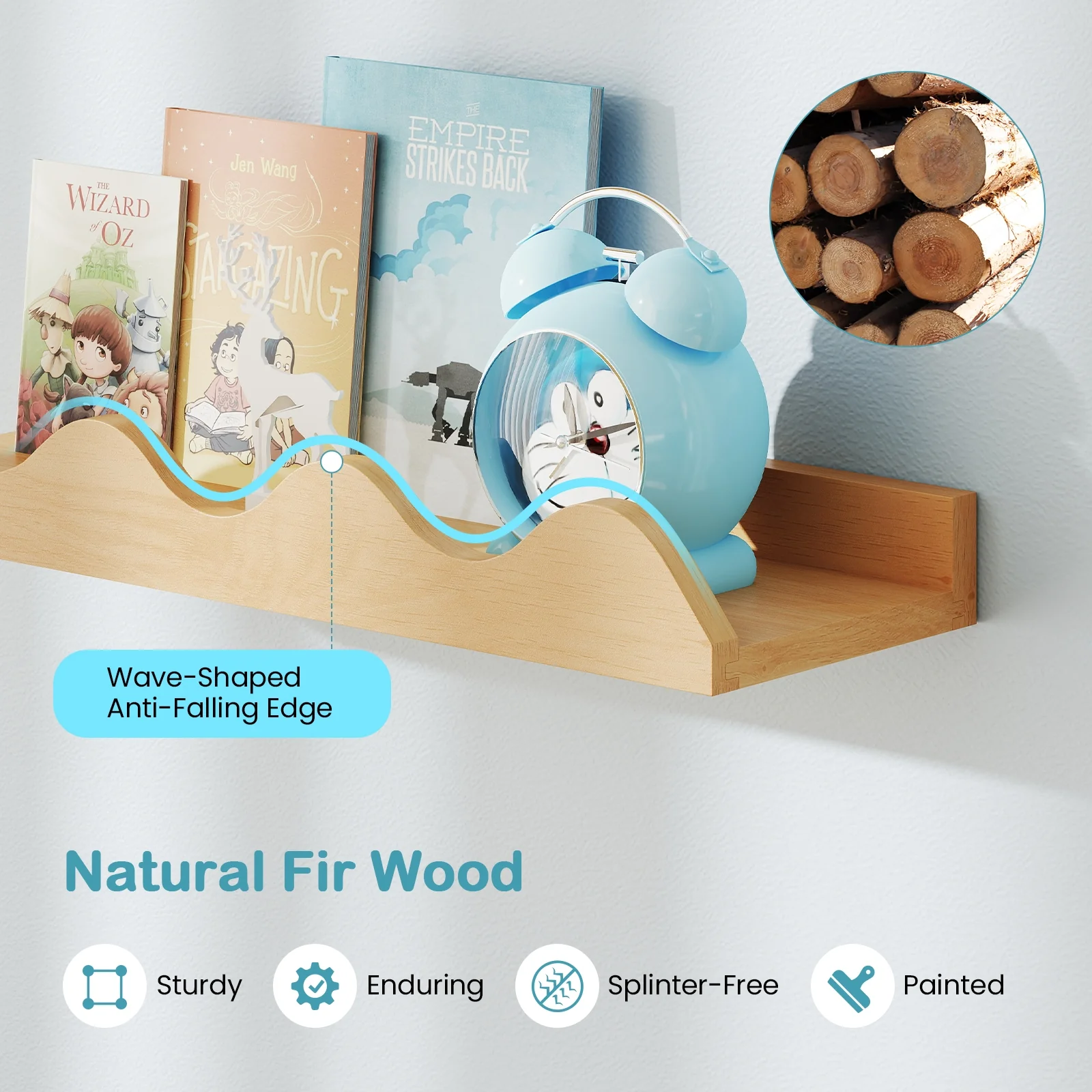 24 Inch Kids Bookshelf, Set of 4, Wall Mounted Picture Ledge Shelf, Natural - Image 9