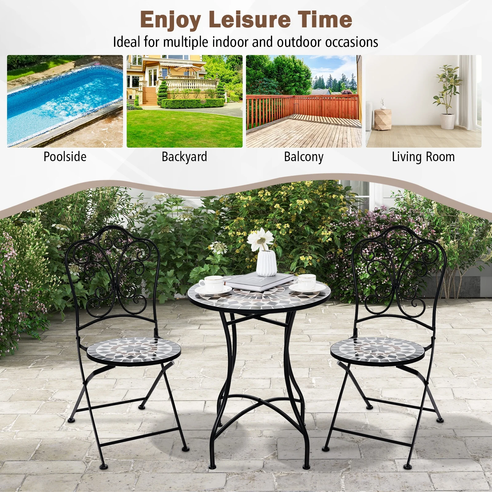 24 Inch Patio Bistro Table, Ceramic Tile Tabletop, Black - Image 8