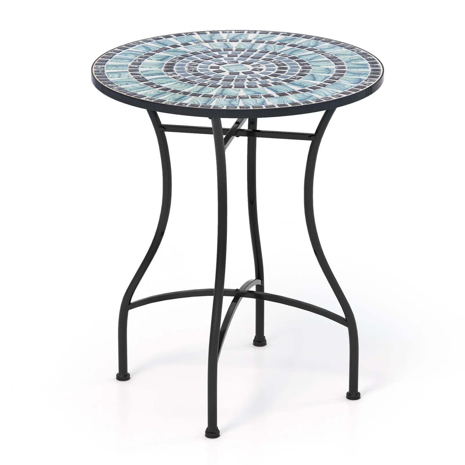 24 Inch Patio Bistro Table, Ceramic Tile Tabletop, Blue
