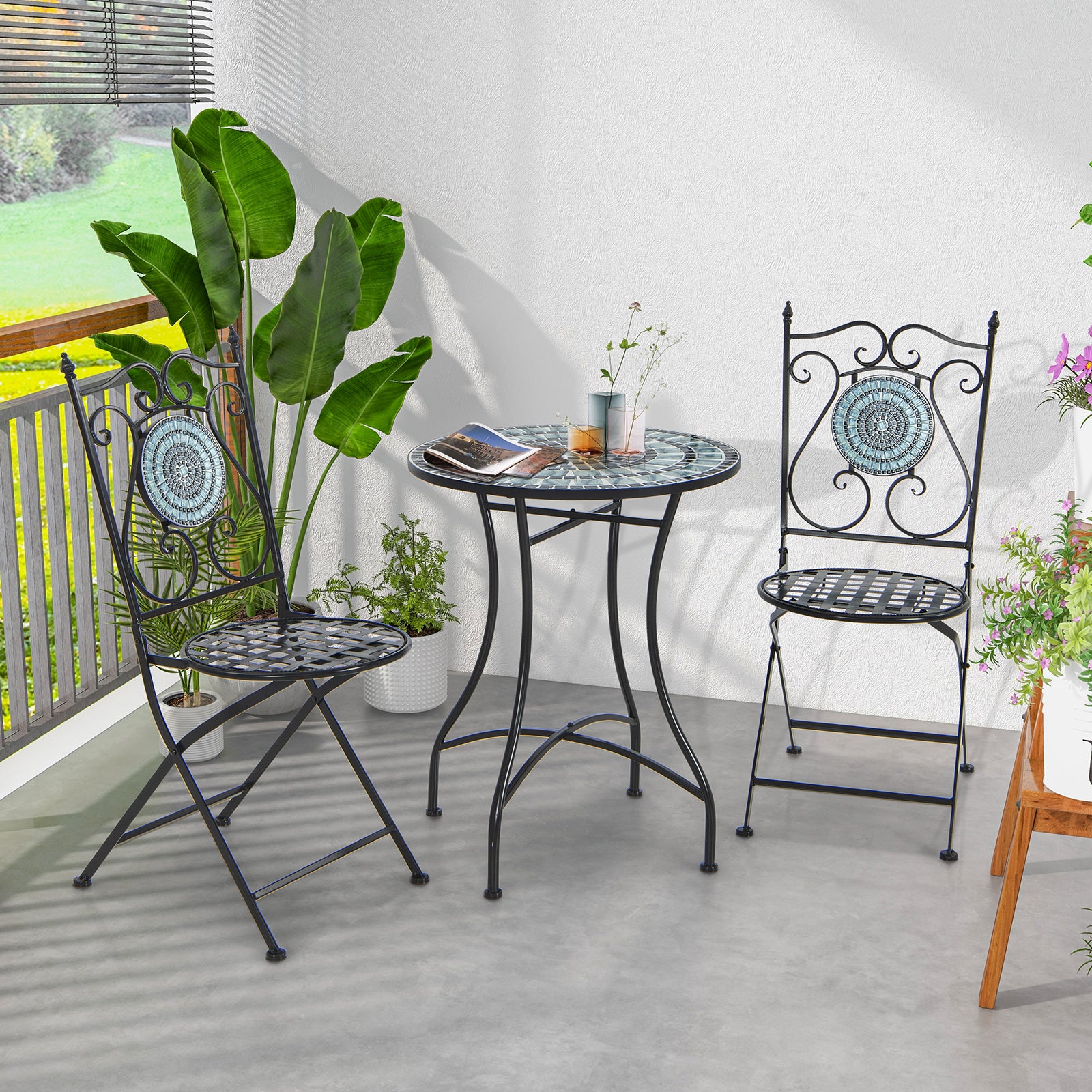 24 Inch Patio Bistro Table, Ceramic Tile Tabletop, Blue - Image 2