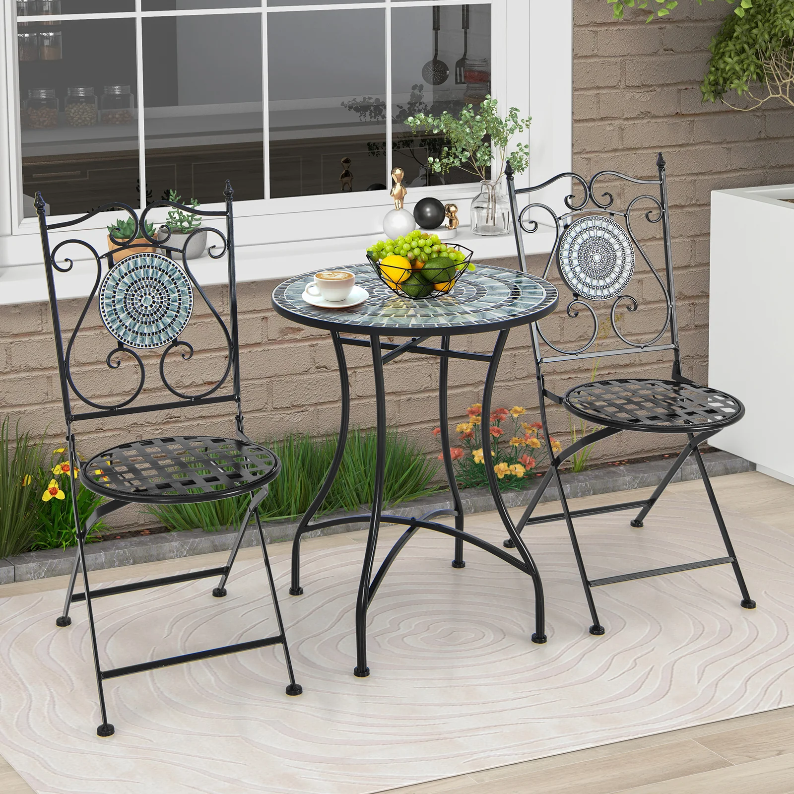 24 Inch Patio Bistro Table, Ceramic Tile Tabletop, Blue - Image 3