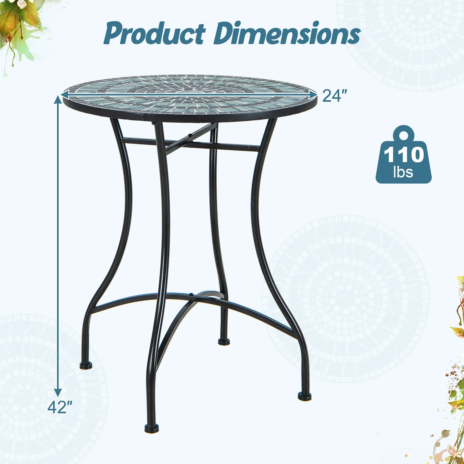 24 Inch Patio Bistro Table, Ceramic Tile Tabletop, Blue - Image 5