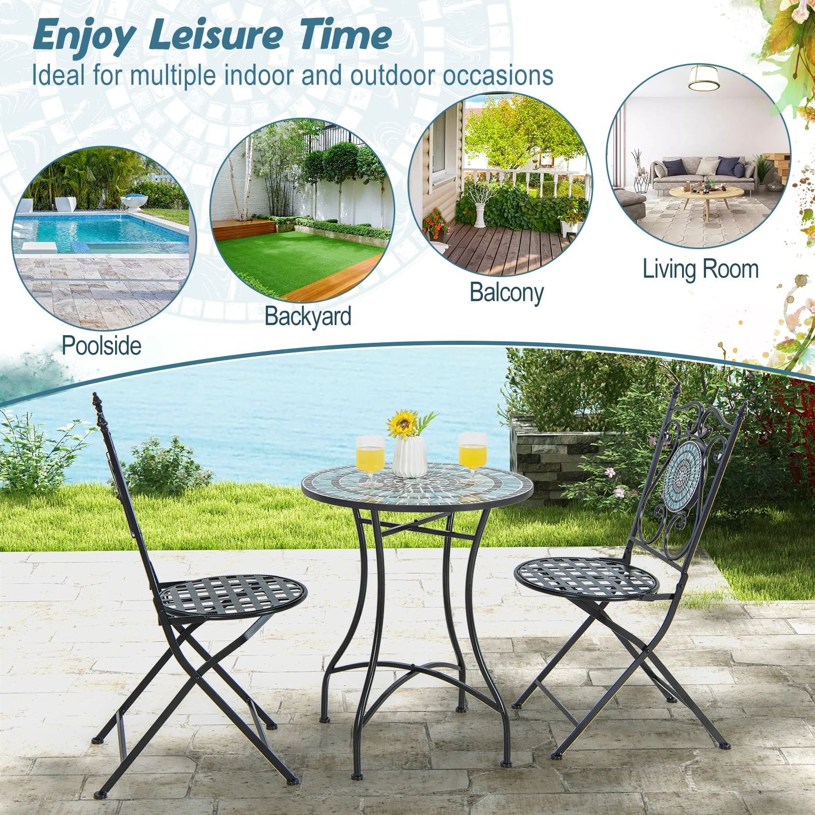 24 Inch Patio Bistro Table, Ceramic Tile Tabletop, Blue - Image 8