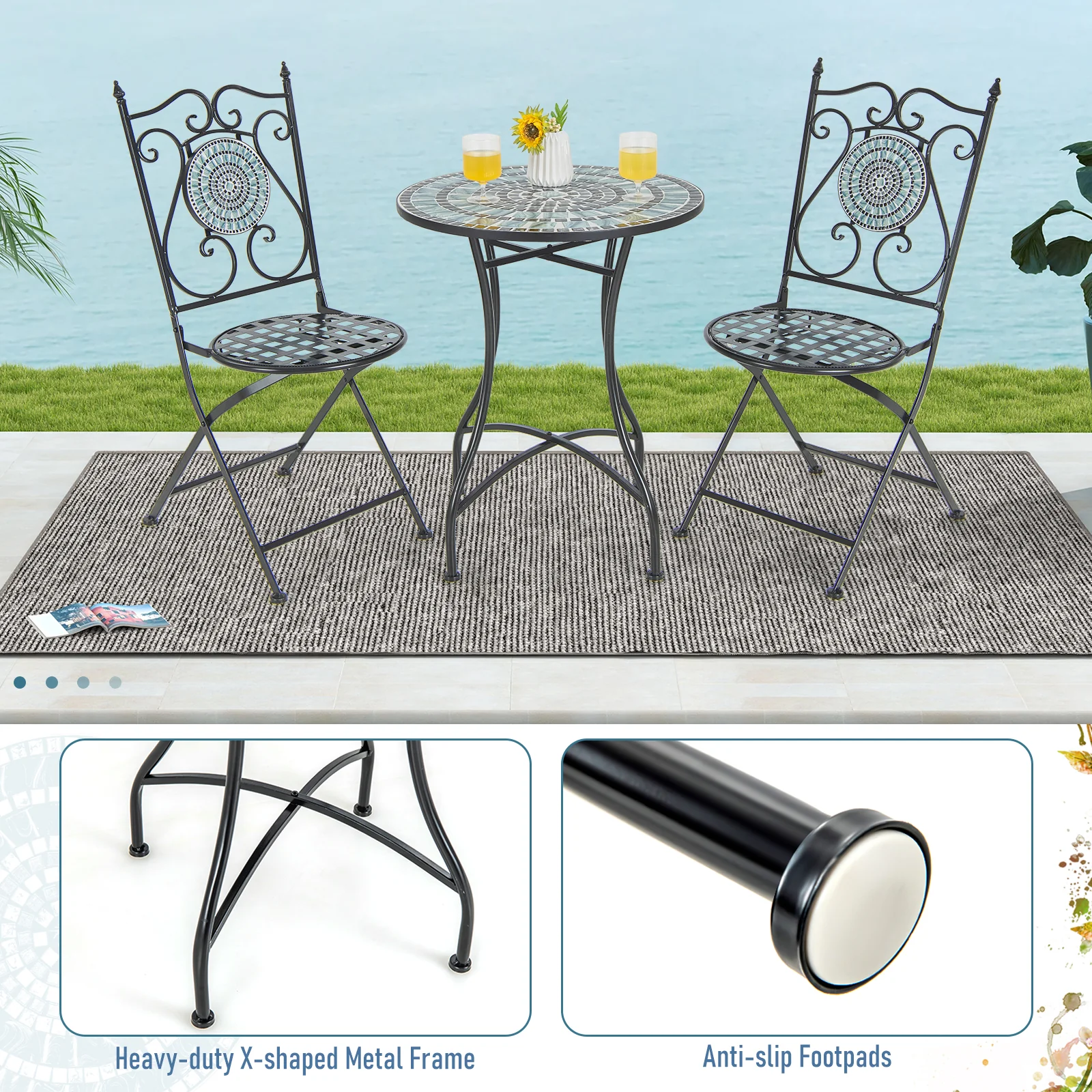 24 Inch Patio Bistro Table, Ceramic Tile Tabletop, Blue - Image 9