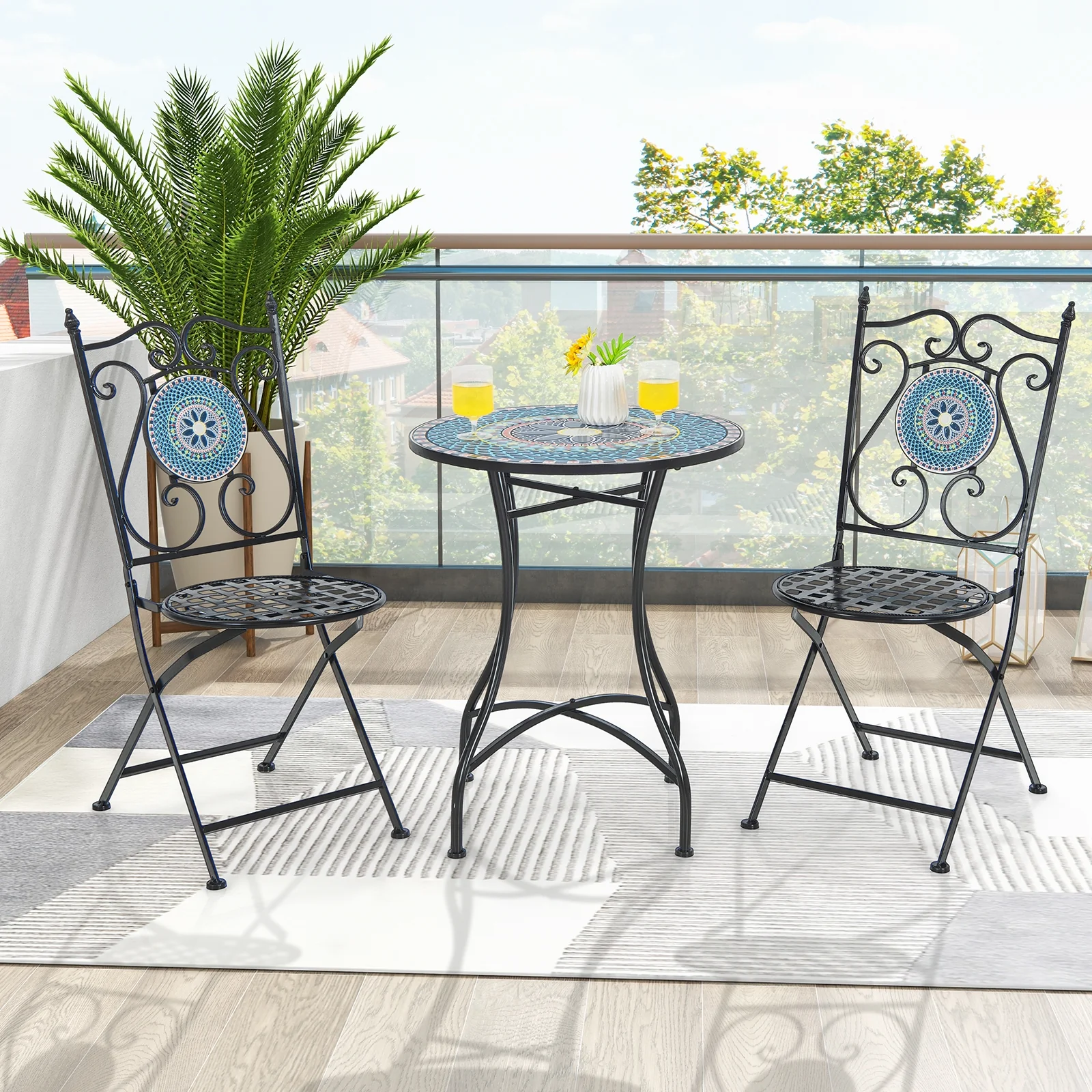 24 Inch Patio Bistro Table, Ceramic Tile Tabletop, Multicolor - Image 3