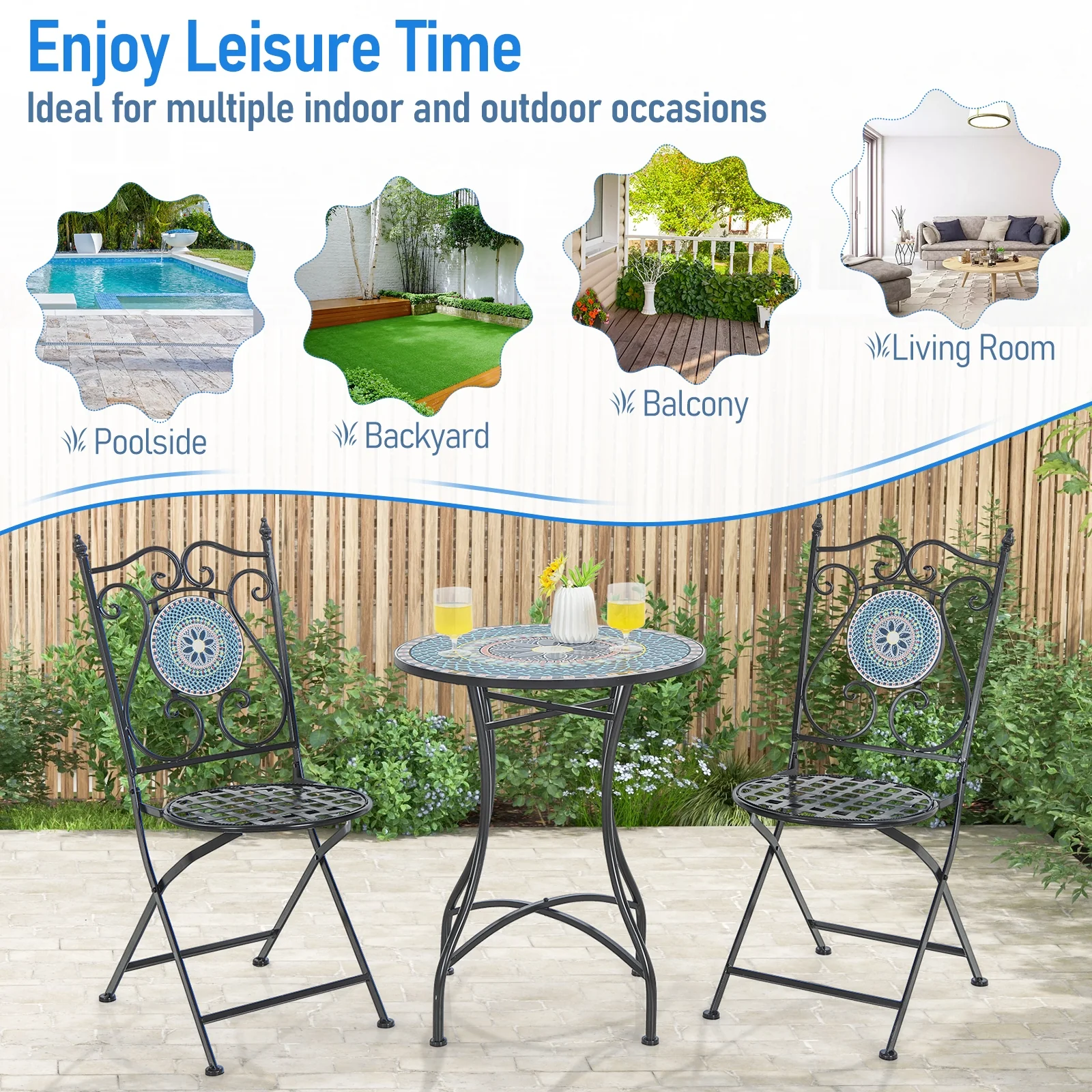 24 Inch Patio Bistro Table, Ceramic Tile Tabletop, Multicolor - Image 8