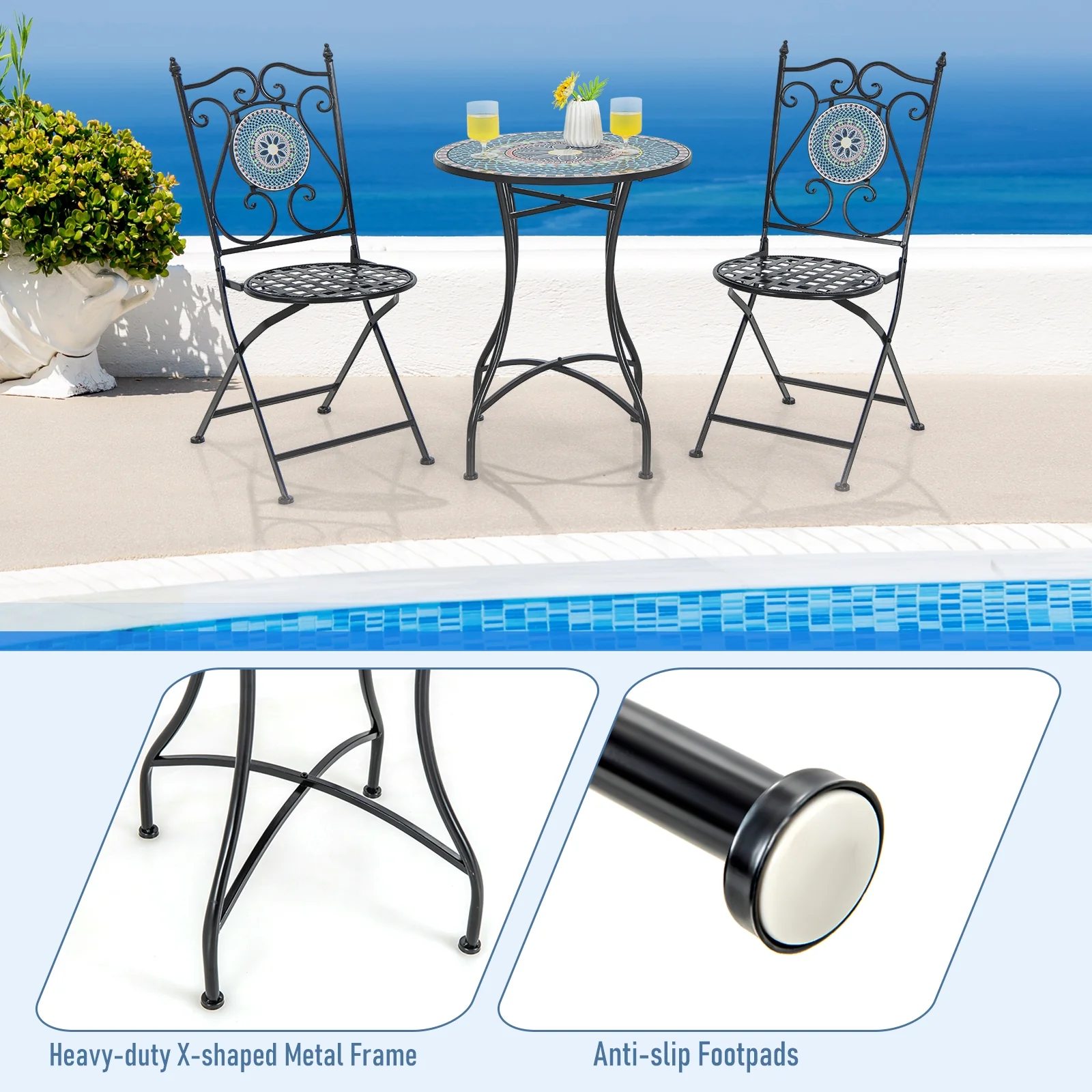 24 Inch Patio Bistro Table, Ceramic Tile Tabletop, Multicolor - Image 9