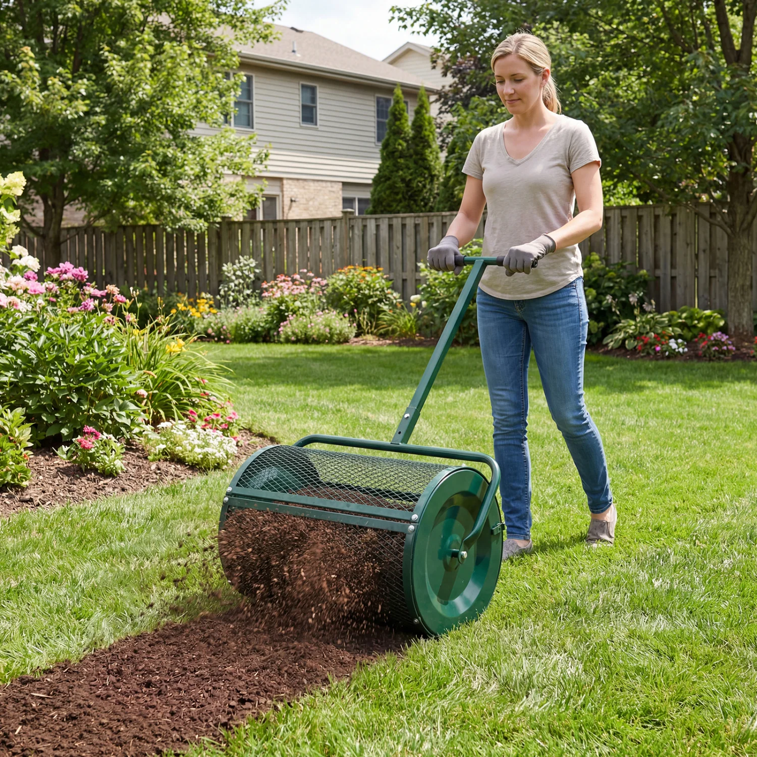 24 Inch Peat Moss Compost Spreader Roller, Height Adjustable T Handle, Green - Image 2
