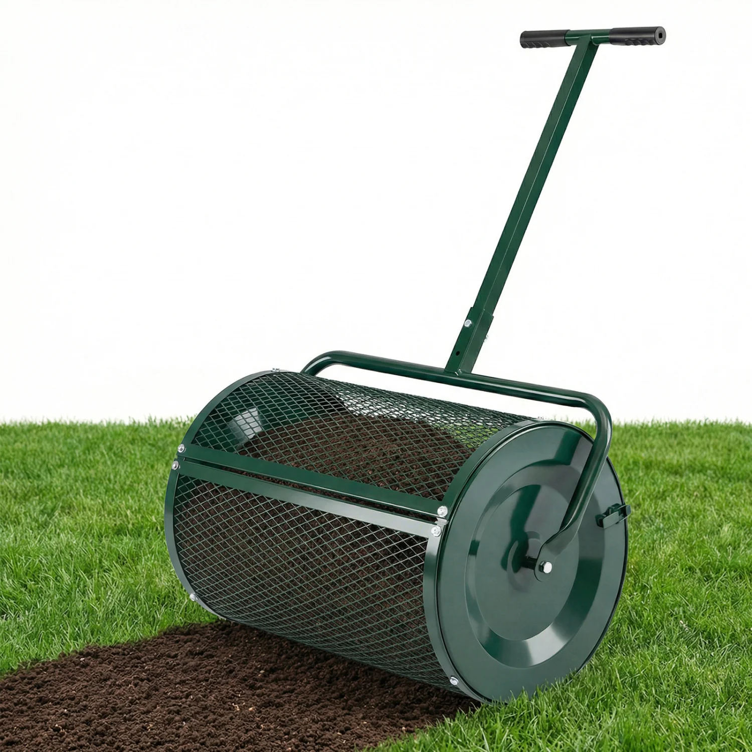24 Inch Peat Moss Compost Spreader Roller, Height Adjustable T Handle, Green - Image 3