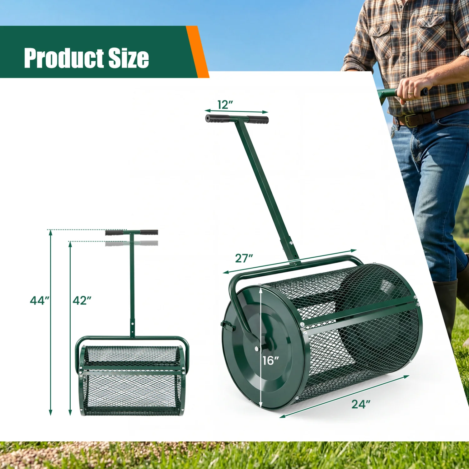 24 Inch Peat Moss Compost Spreader Roller, Height Adjustable T Handle, Green - Image 4