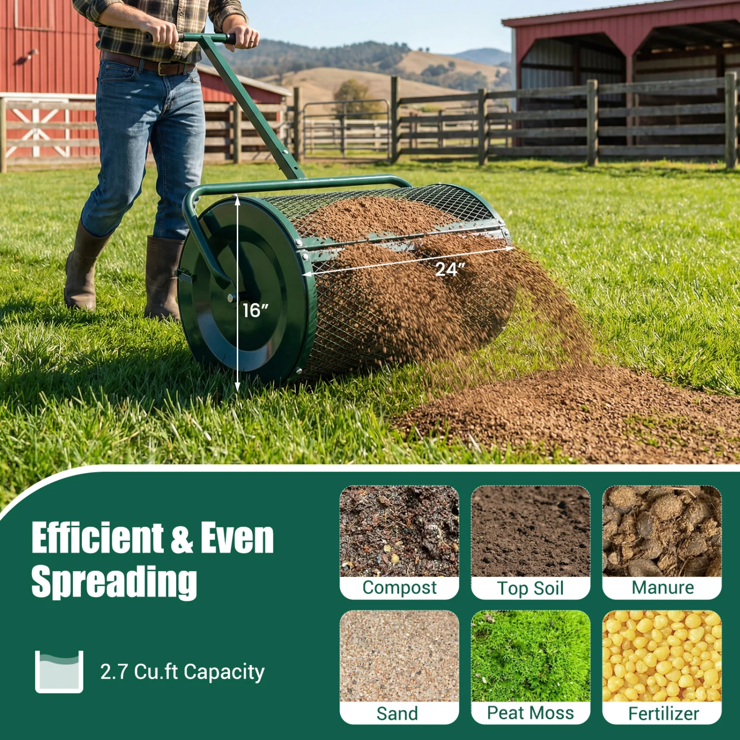 24 Inch Peat Moss Compost Spreader Roller, Height Adjustable T Handle, Green - Image 7