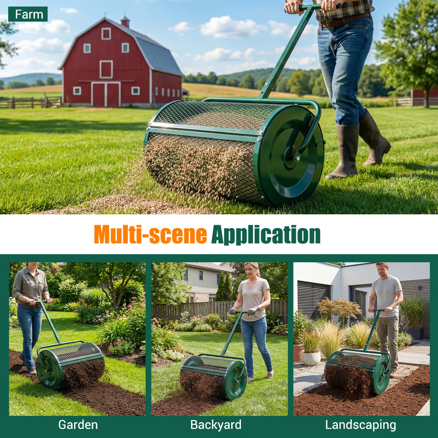 24 Inch Peat Moss Compost Spreader Roller, Height Adjustable T Handle, Green - Image 9