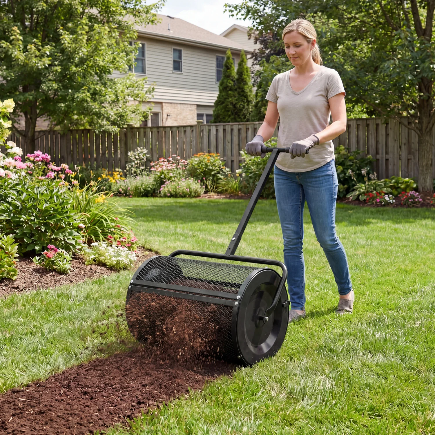 24 Inch Peat Moss Spreader Roller, Height-Adjustable T-Shape Handle, Black - Image 2