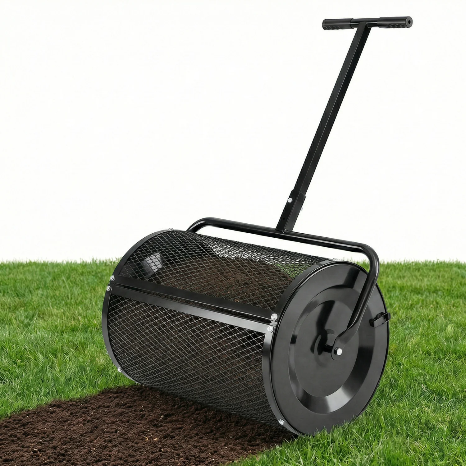 24 Inch Peat Moss Spreader Roller, Height-Adjustable T-Shape Handle, Black - Image 3