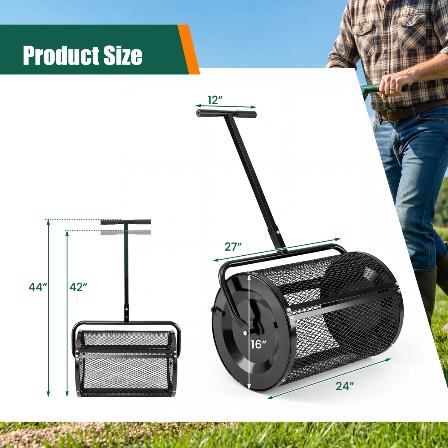 24 Inch Peat Moss Spreader Roller, Height-Adjustable T-Shape Handle, Black - Image 4