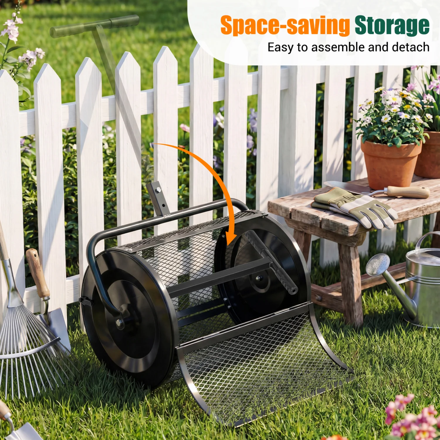 24 Inch Peat Moss Spreader Roller, Height-Adjustable T-Shape Handle, Black - Image 5