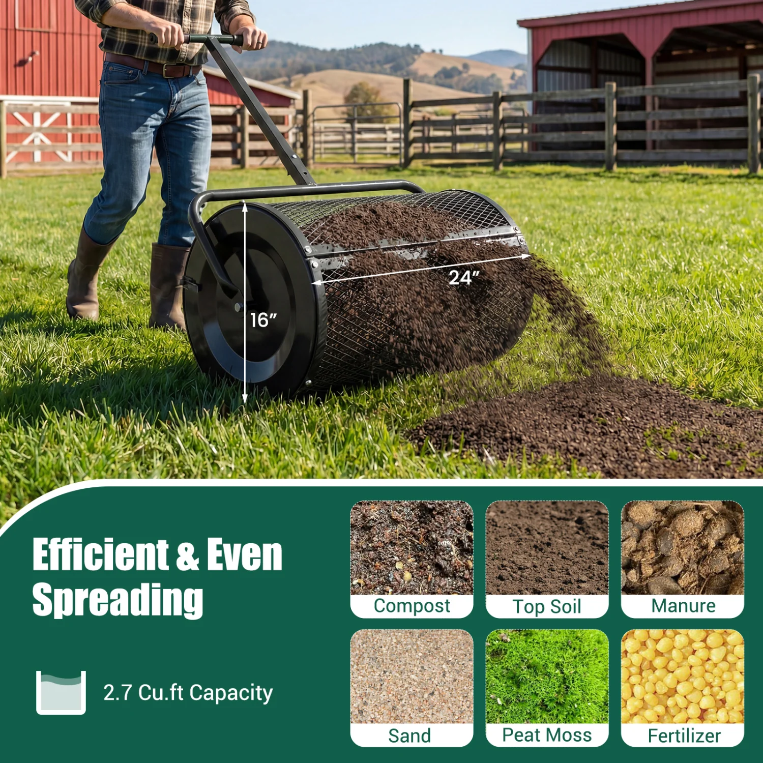 24 Inch Peat Moss Spreader Roller, Height-Adjustable T-Shape Handle, Black - Image 7