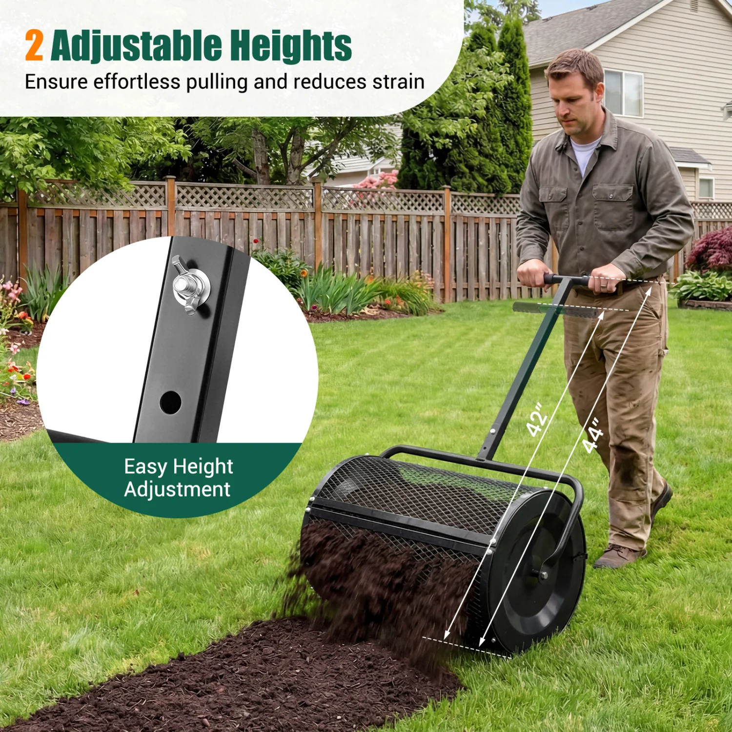 24 Inch Peat Moss Spreader Roller, Height-Adjustable T-Shape Handle, Black - Image 8