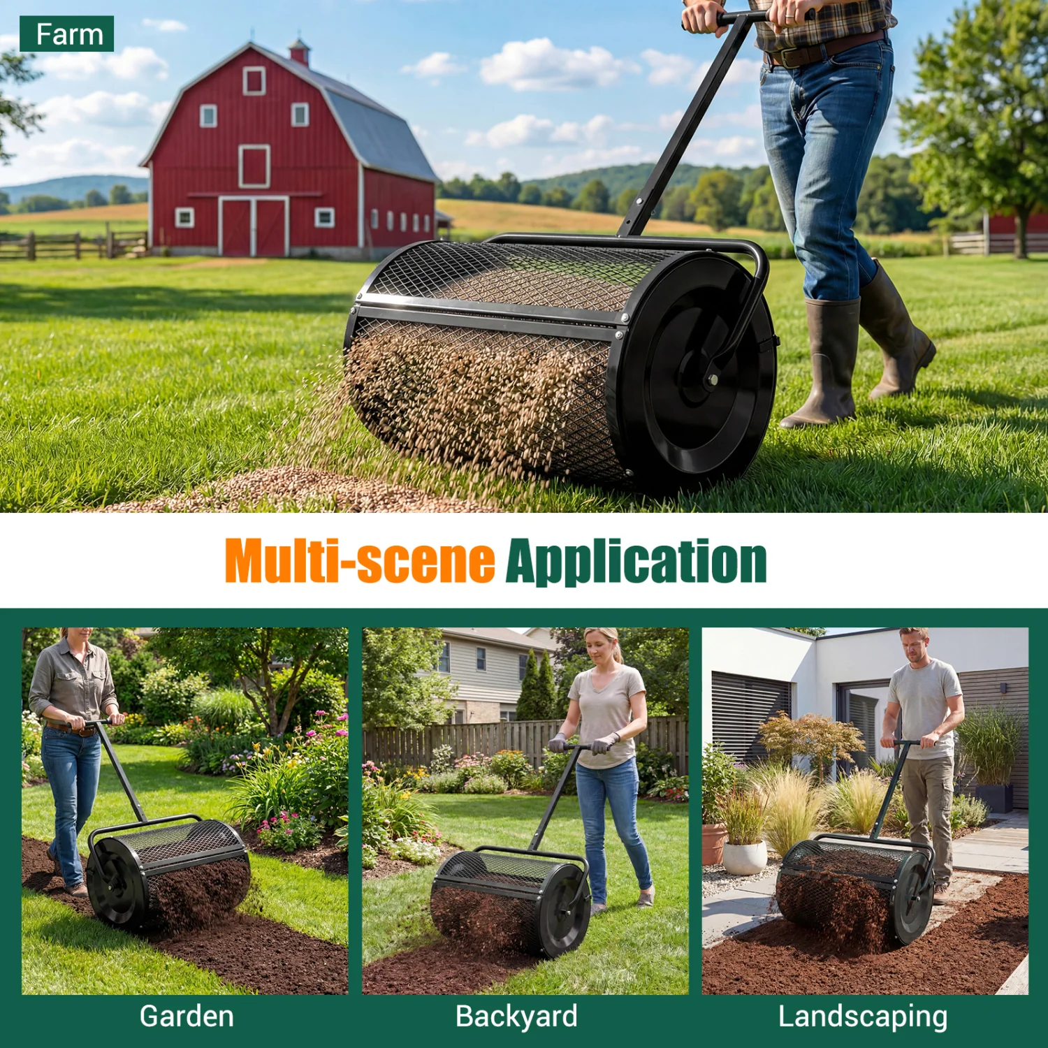 24 Inch Peat Moss Spreader Roller, Height-Adjustable T-Shape Handle, Black - Image 9