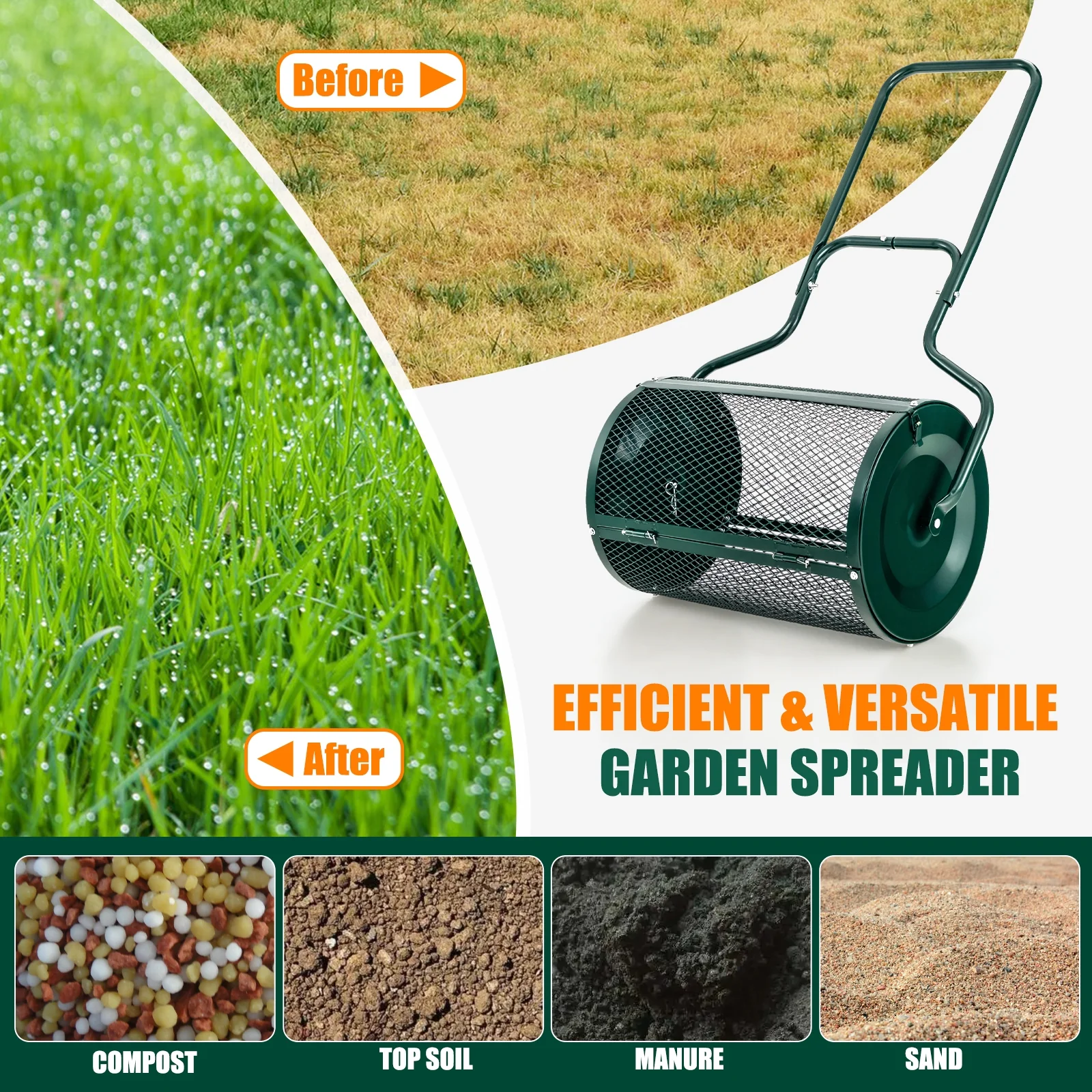24-Inch Peat Moss Spreader, Upgrade Side Latches, U-Shape Handle, Green - Image 7