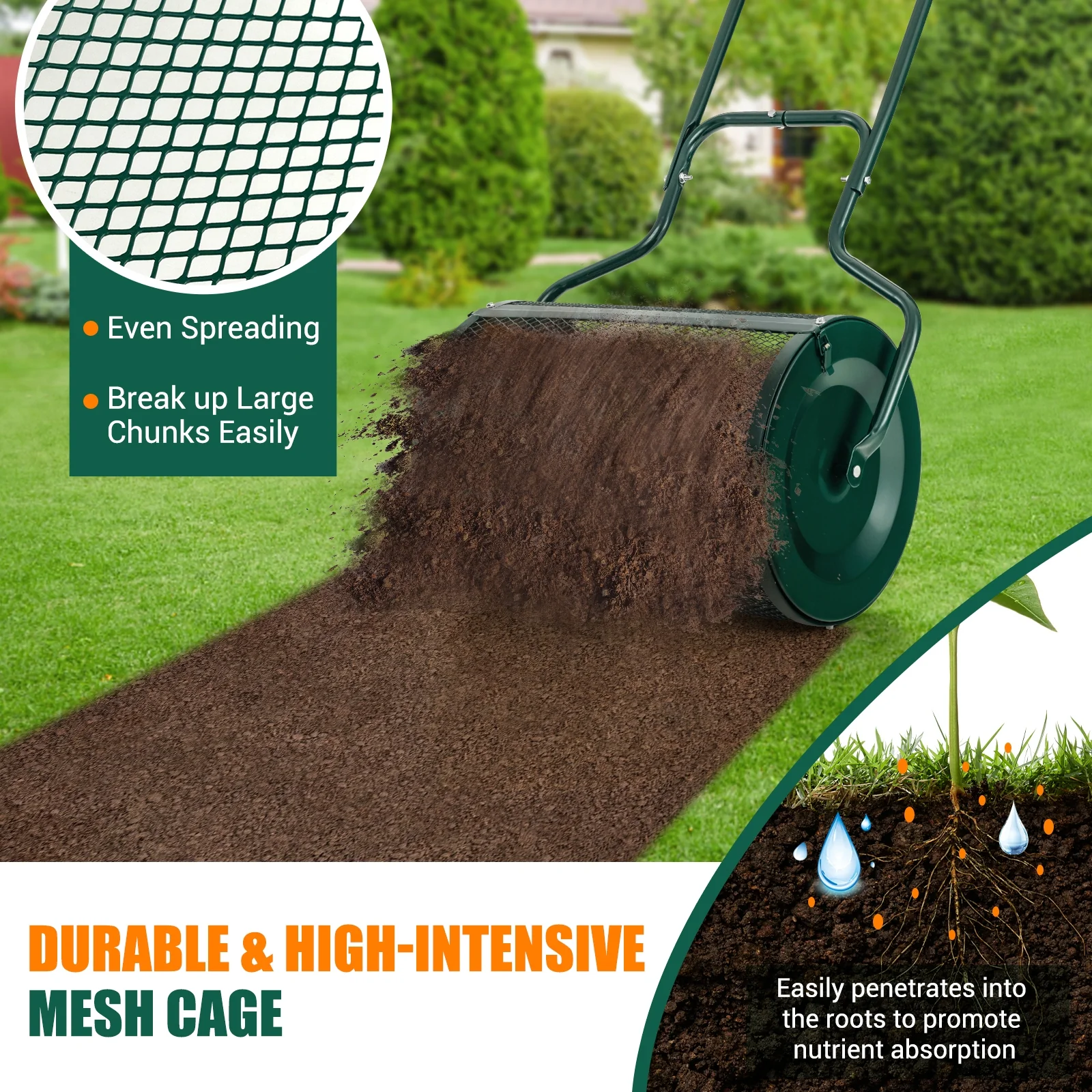 24-Inch Peat Moss Spreader, Upgrade Side Latches, U-Shape Handle, Green - Image 9