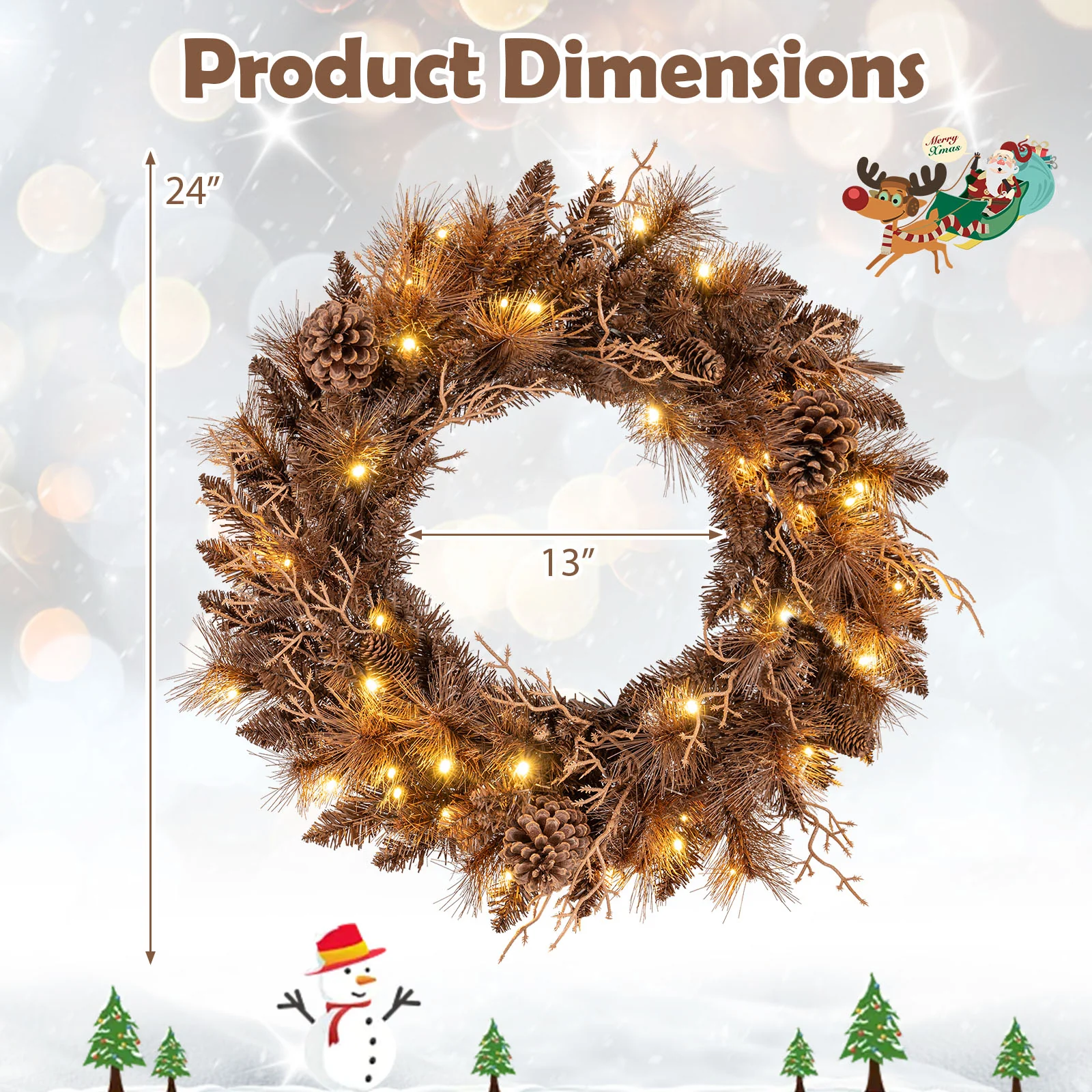 24 Inch Pre-lit Christmas Wreath with 105 Branch Tips and 35 Warm White LED Lights-1 piece - Image 6