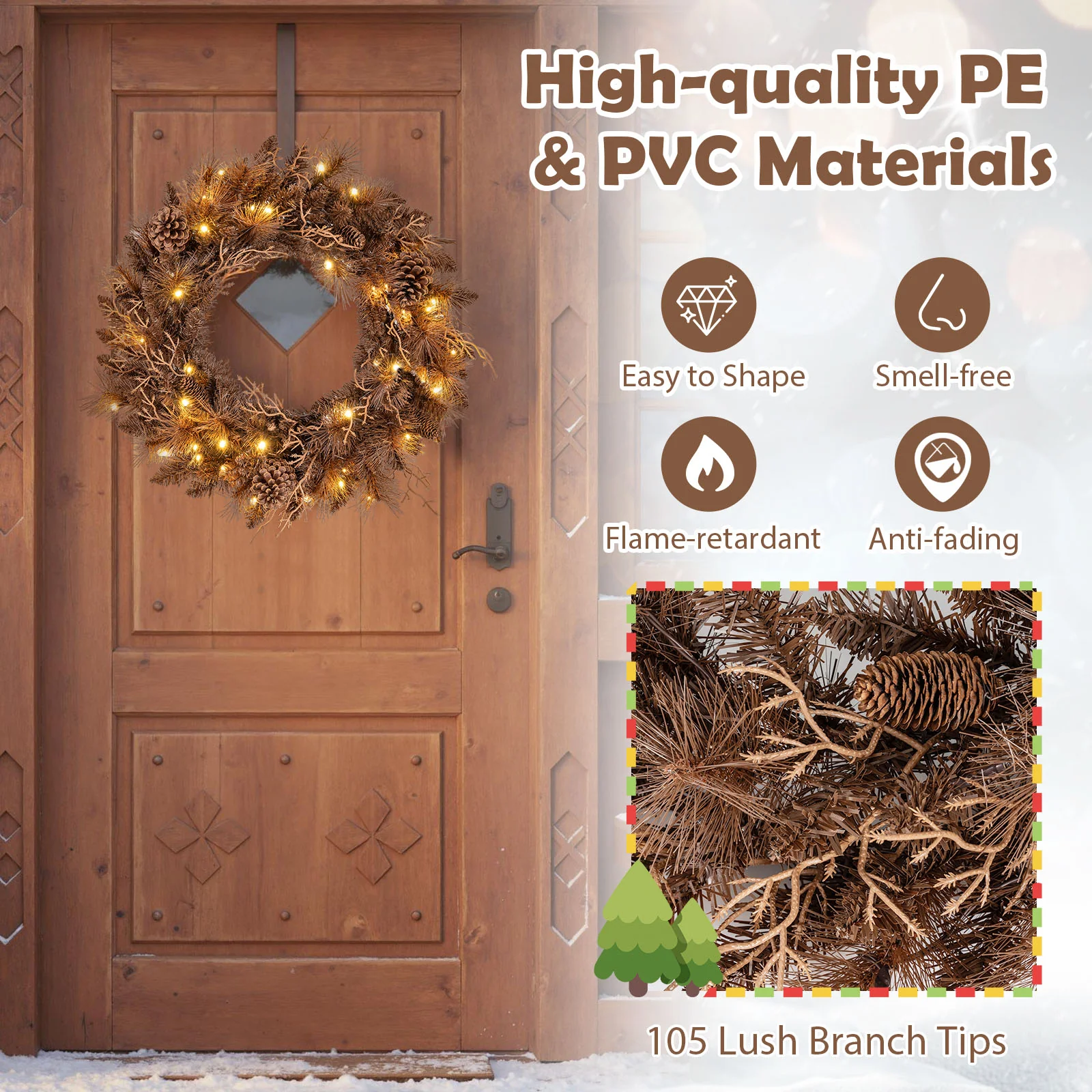 24 Inch Pre-lit Christmas Wreath with 105 Branch Tips and 35 Warm White LED Lights-2 pieces - Image 10