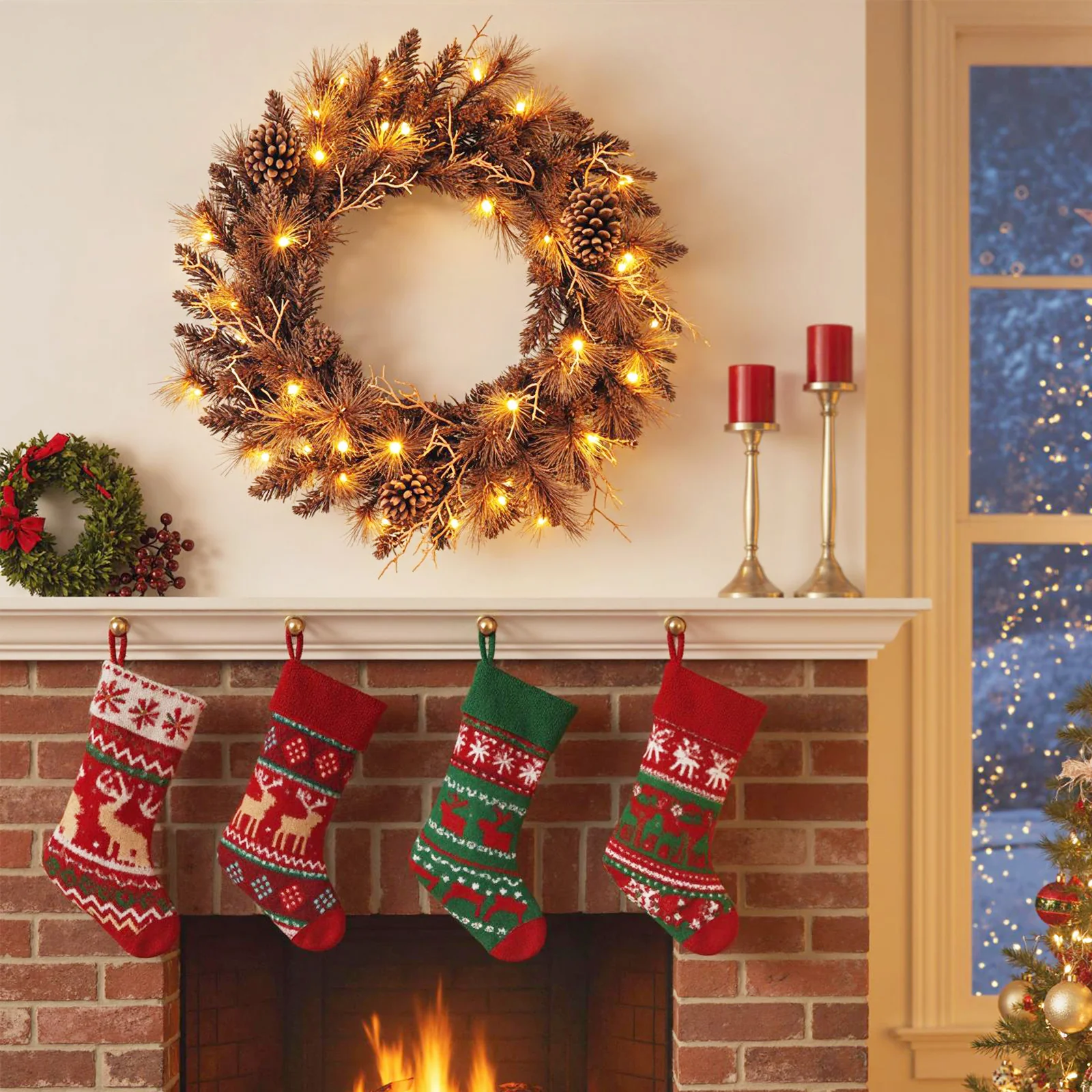 24 Inch Pre-lit Christmas Wreath with 105 Branch Tips and 35 Warm White LED Lights-2 pieces - Image 2