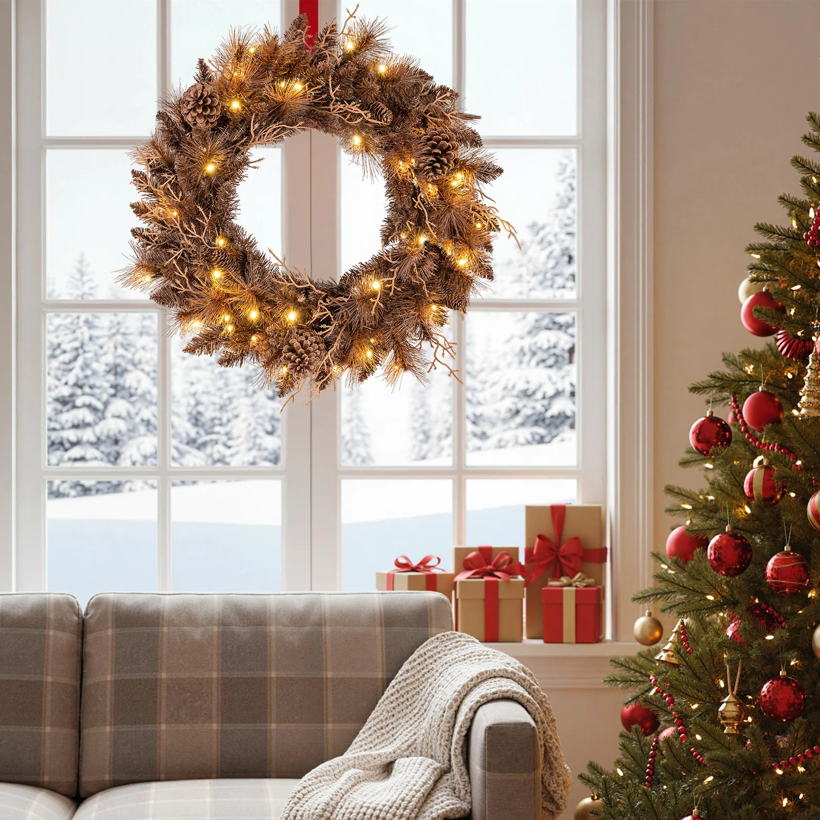 24 Inch Pre-lit Christmas Wreath with 105 Branch Tips and 35 Warm White LED Lights-2 pieces - Image 7