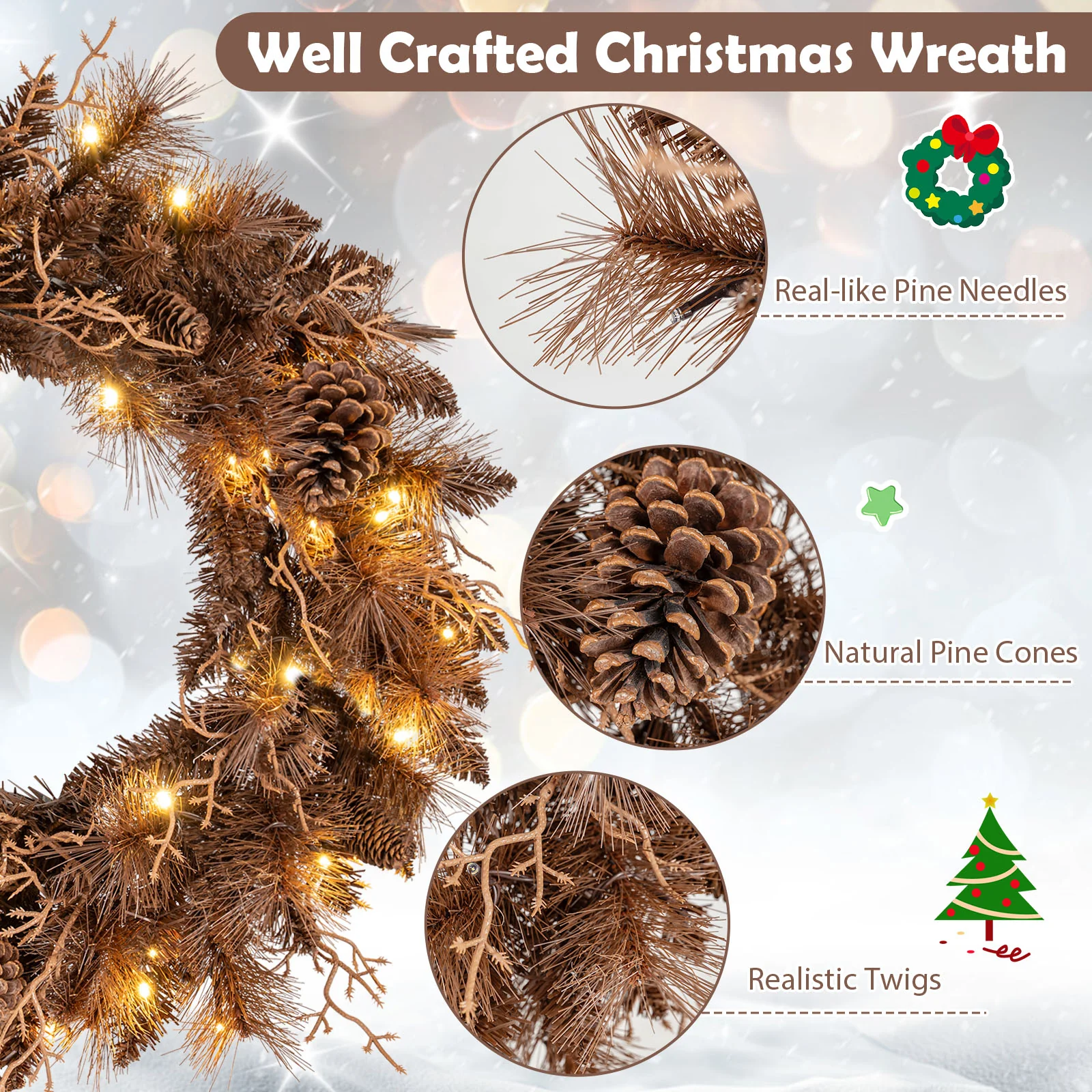 24 Inch Pre-lit Christmas Wreath with 105 Branch Tips and 35 Warm White LED Lights-2 pieces - Image 8