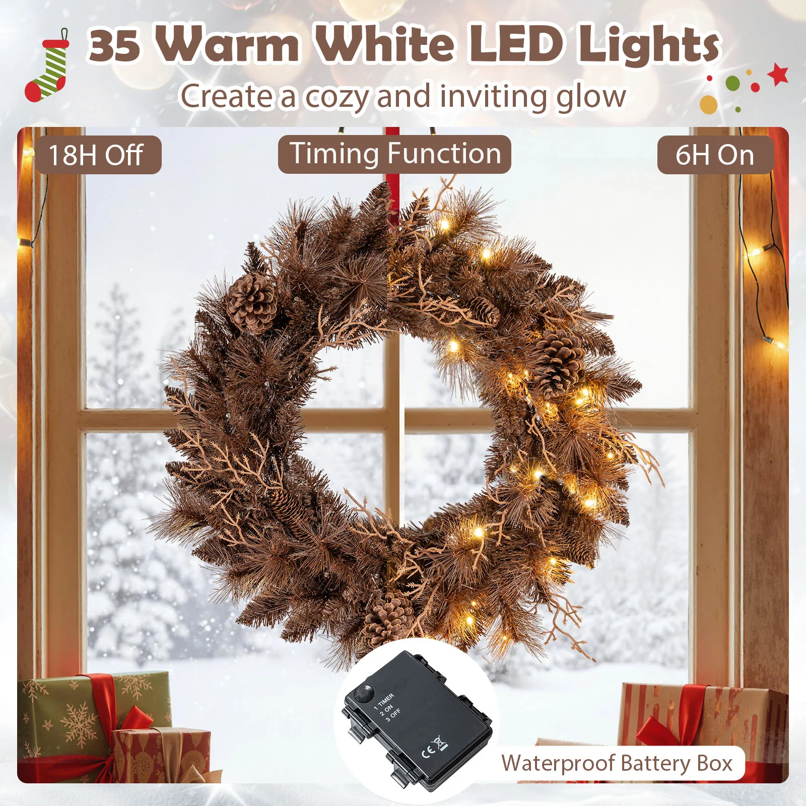 24 Inch Pre-lit Christmas Wreath with 105 Branch Tips and 35 Warm White LED Lights-2 pieces - Image 9